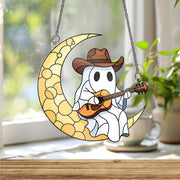 Cowboy Ghost Window Hanging – Country Music Moon Decor, Western Guitar Ghost Suncatcher, Halloween Country Home Decoration