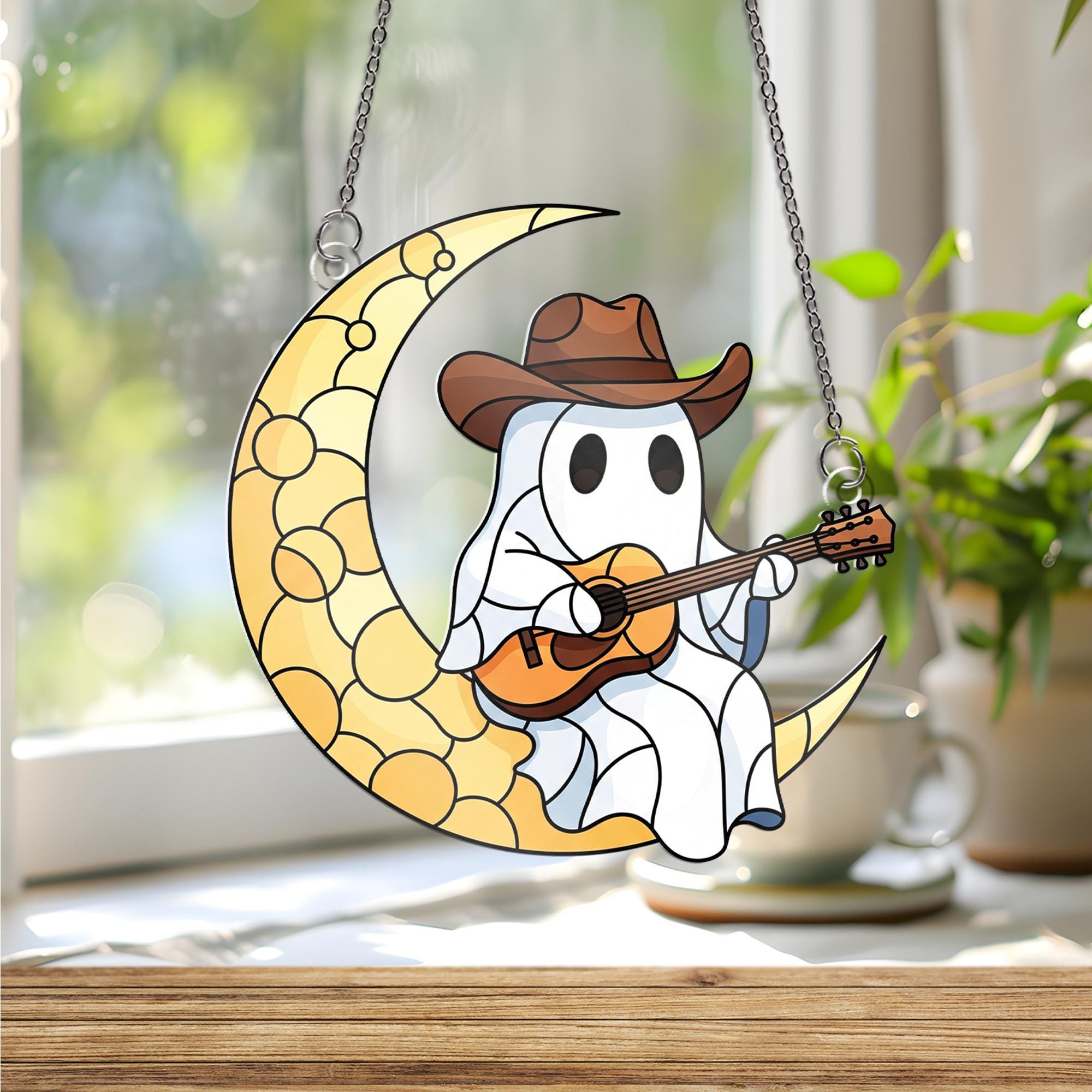 Cowboy Ghost Window Hanging – Country Music Moon Decor, Western Guitar Ghost Suncatcher, Halloween Country Home Decoration