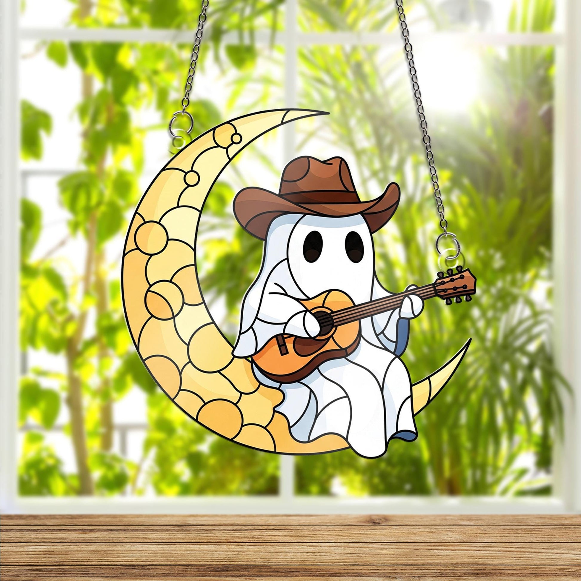 Cowboy Ghost Window Hanging – Country Music Moon Decor, Western Guitar Ghost Suncatcher, Halloween Country Home Decoration
