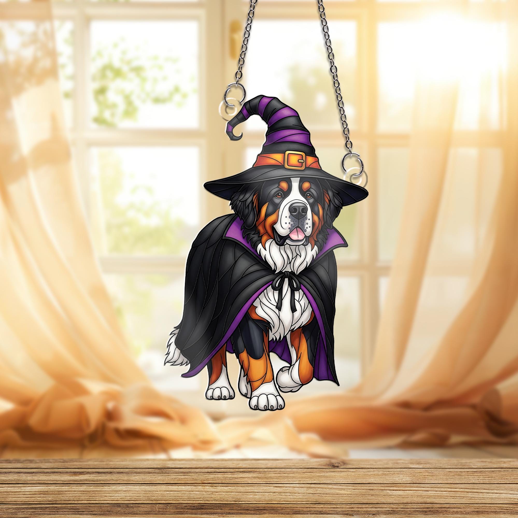 Halloween Bernese Mountain Dog Witch Window Hanging – Cute Spooky Dog Suncatcher, Fall Pet Lover Home Decor, Witch Dog Ornament