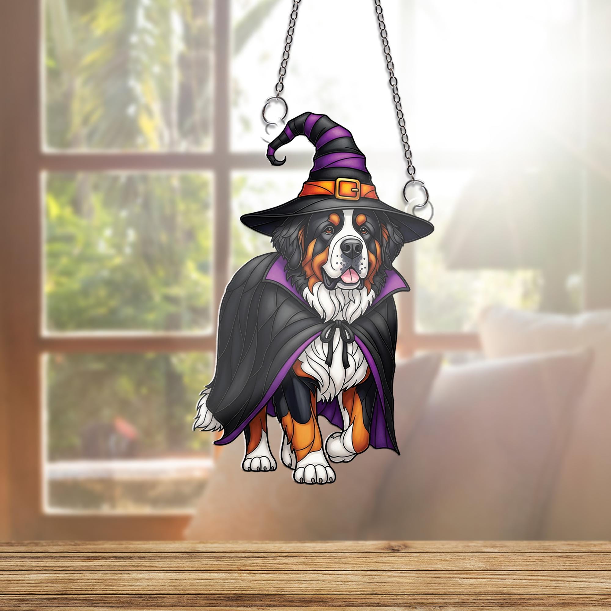 Halloween Bernese Mountain Dog Witch Window Hanging – Cute Spooky Dog Suncatcher, Fall Pet Lover Home Decor, Witch Dog Ornament