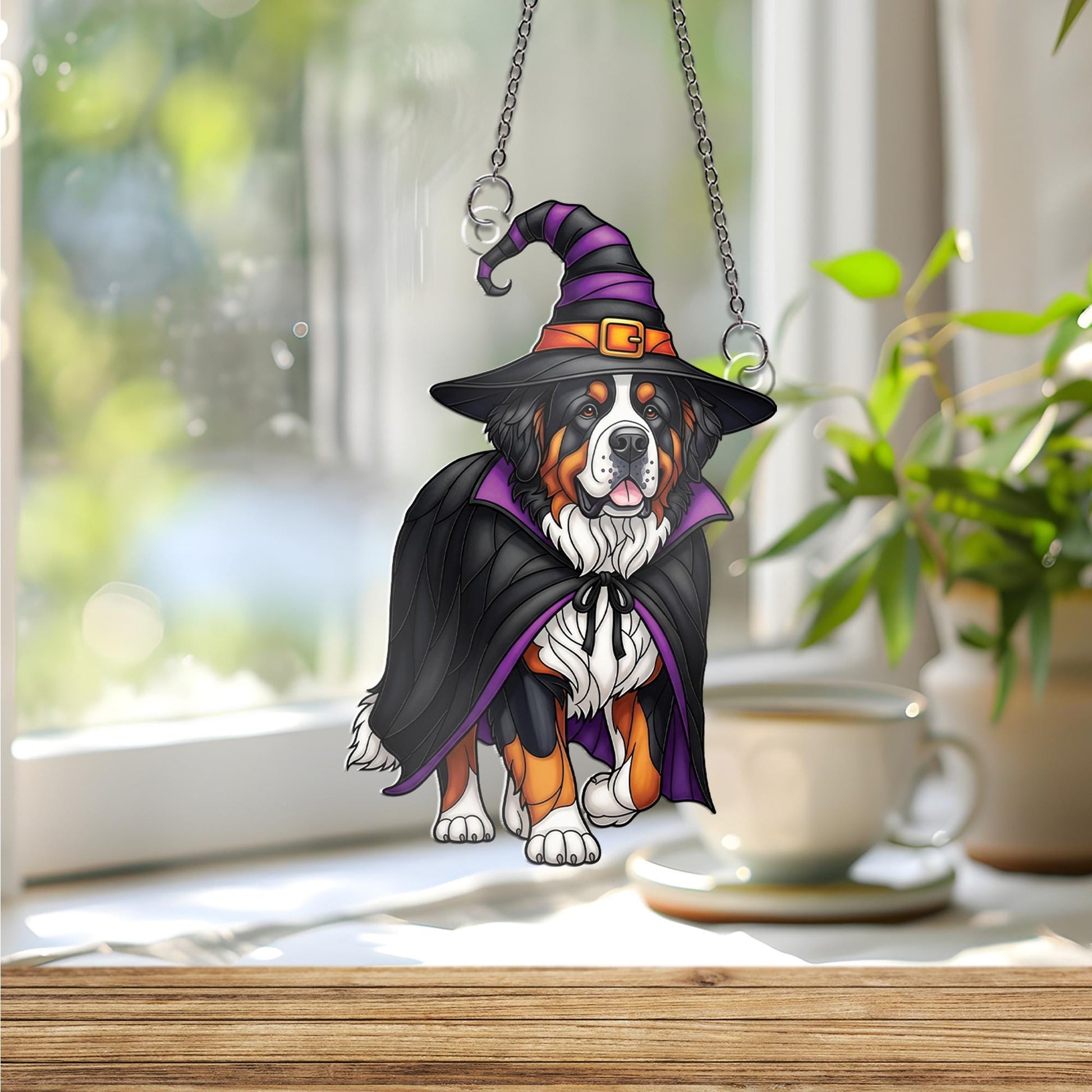 Halloween Bernese Mountain Dog Witch Window Hanging – Cute Spooky Dog Suncatcher, Fall Pet Lover Home Decor, Witch Dog Ornament