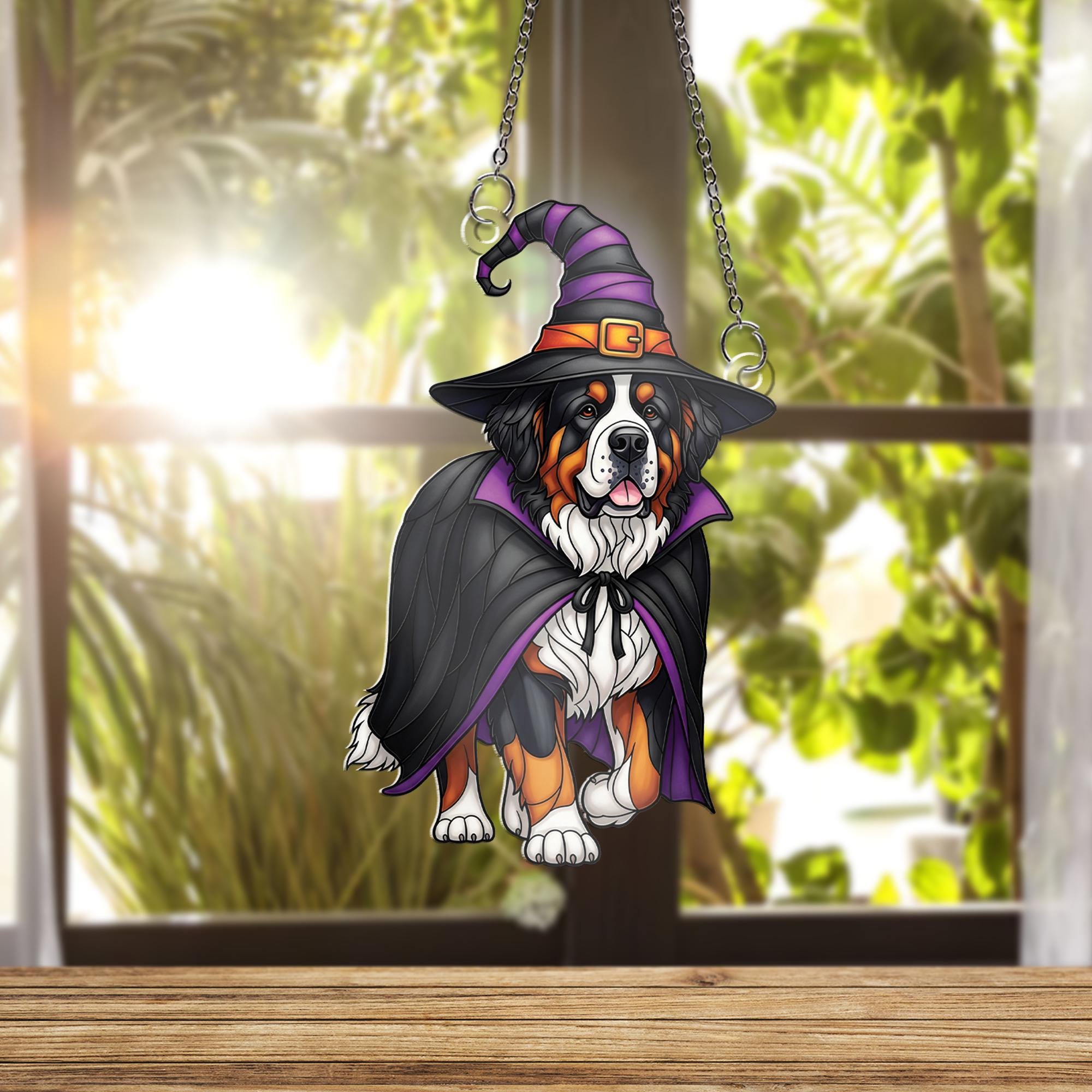 Halloween Bernese Mountain Dog Witch Window Hanging – Cute Spooky Dog Suncatcher, Fall Pet Lover Home Decor, Witch Dog Ornament