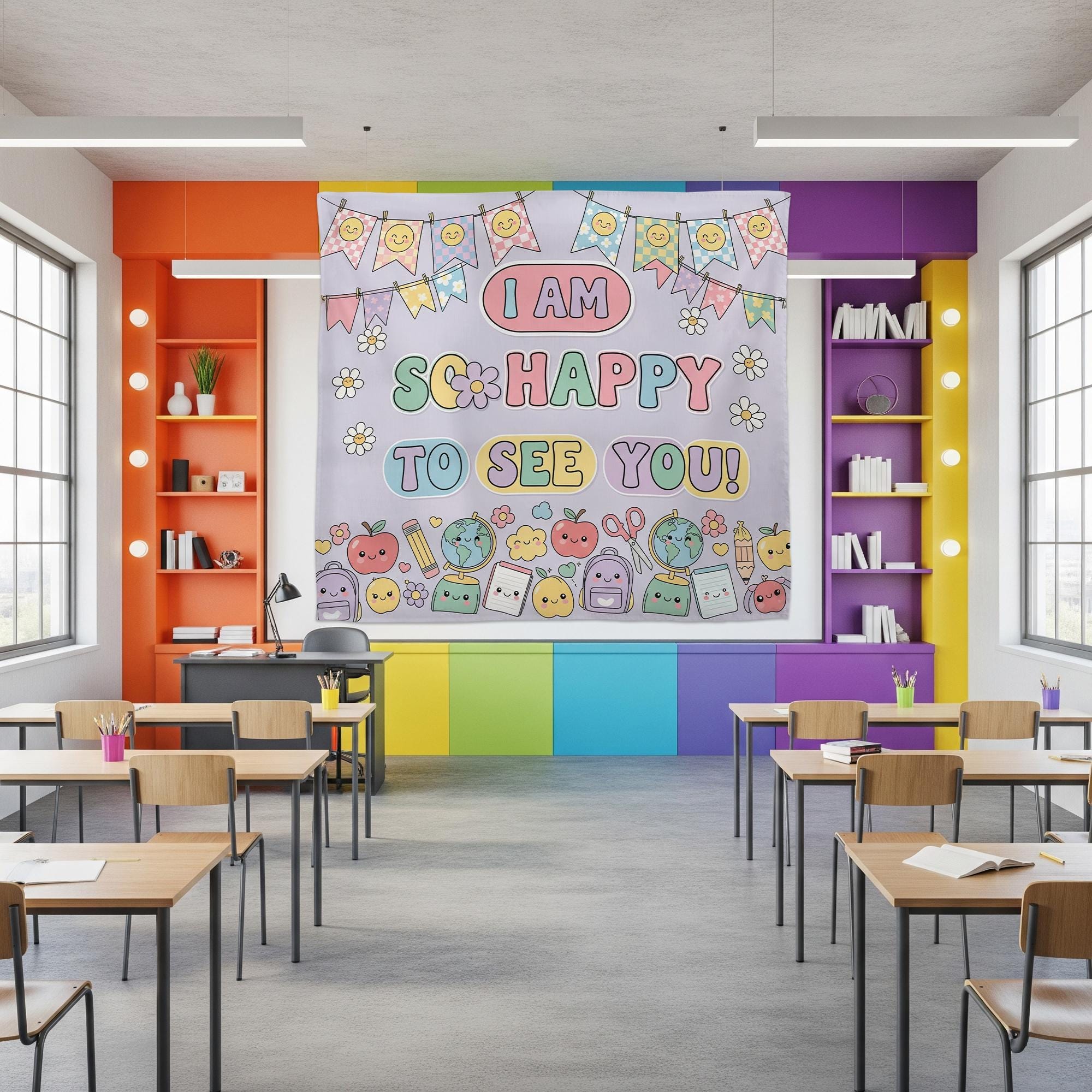 I Am So Happy To See You Garden Flag Tapestry, Cute Welcome Yard Banner, Kawaii Classroom Wall Hanging