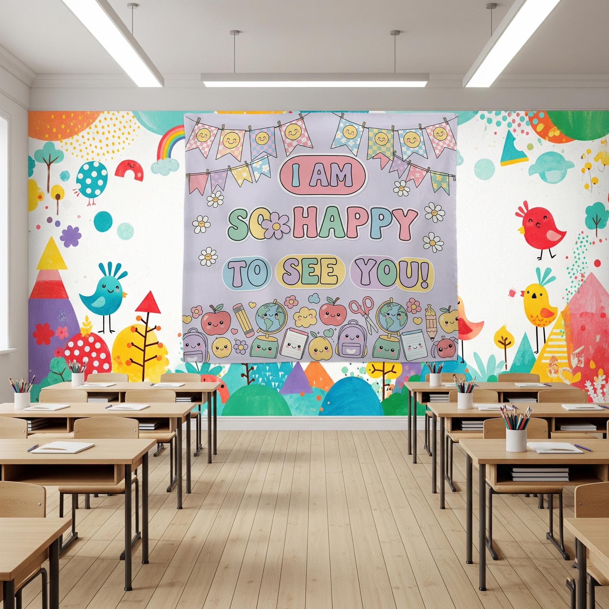 I Am So Happy To See You Garden Flag Tapestry, Cute Welcome Yard Banner, Kawaii Classroom Wall Hanging