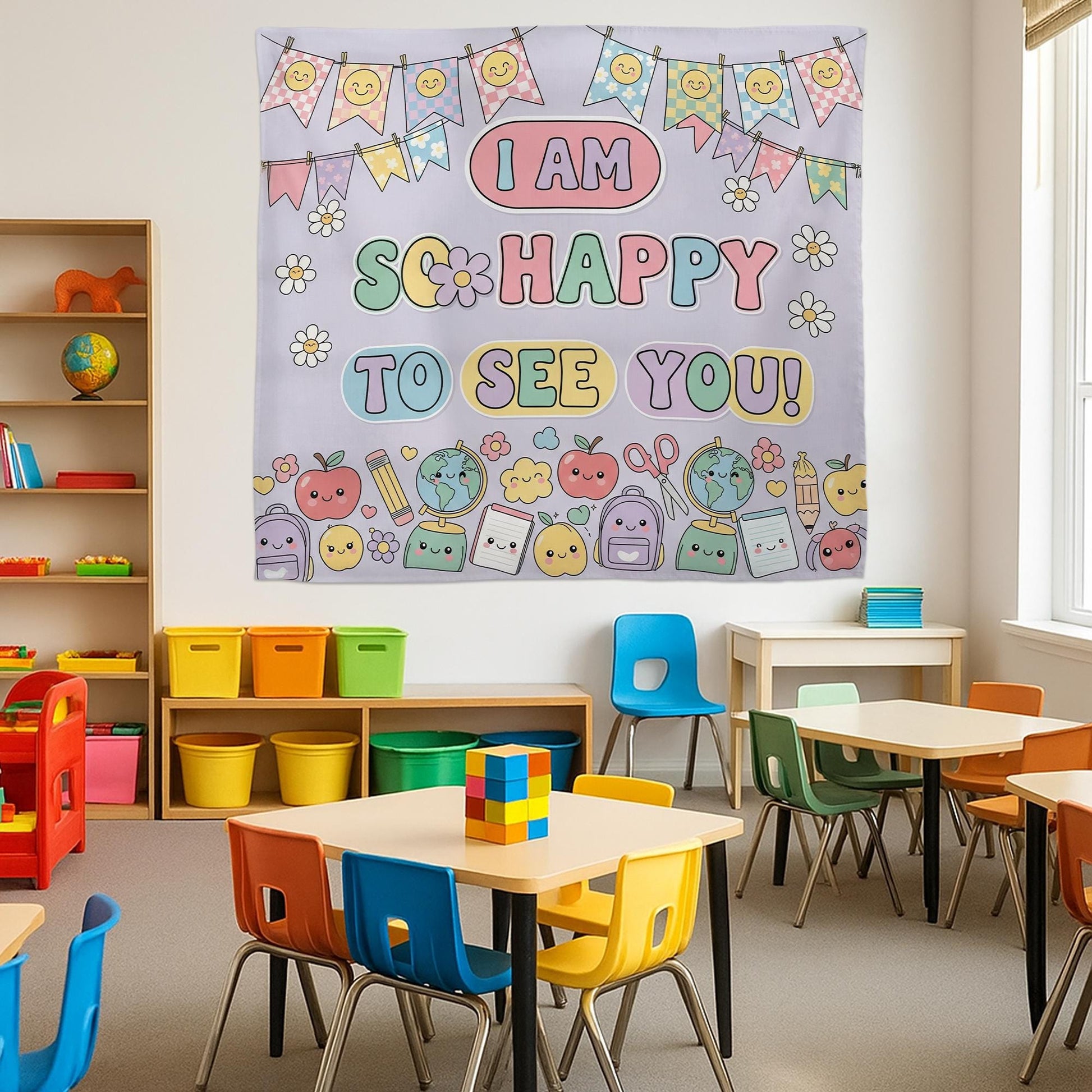 I Am So Happy To See You Garden Flag Tapestry, Cute Welcome Yard Banner, Kawaii Classroom Wall Hanging