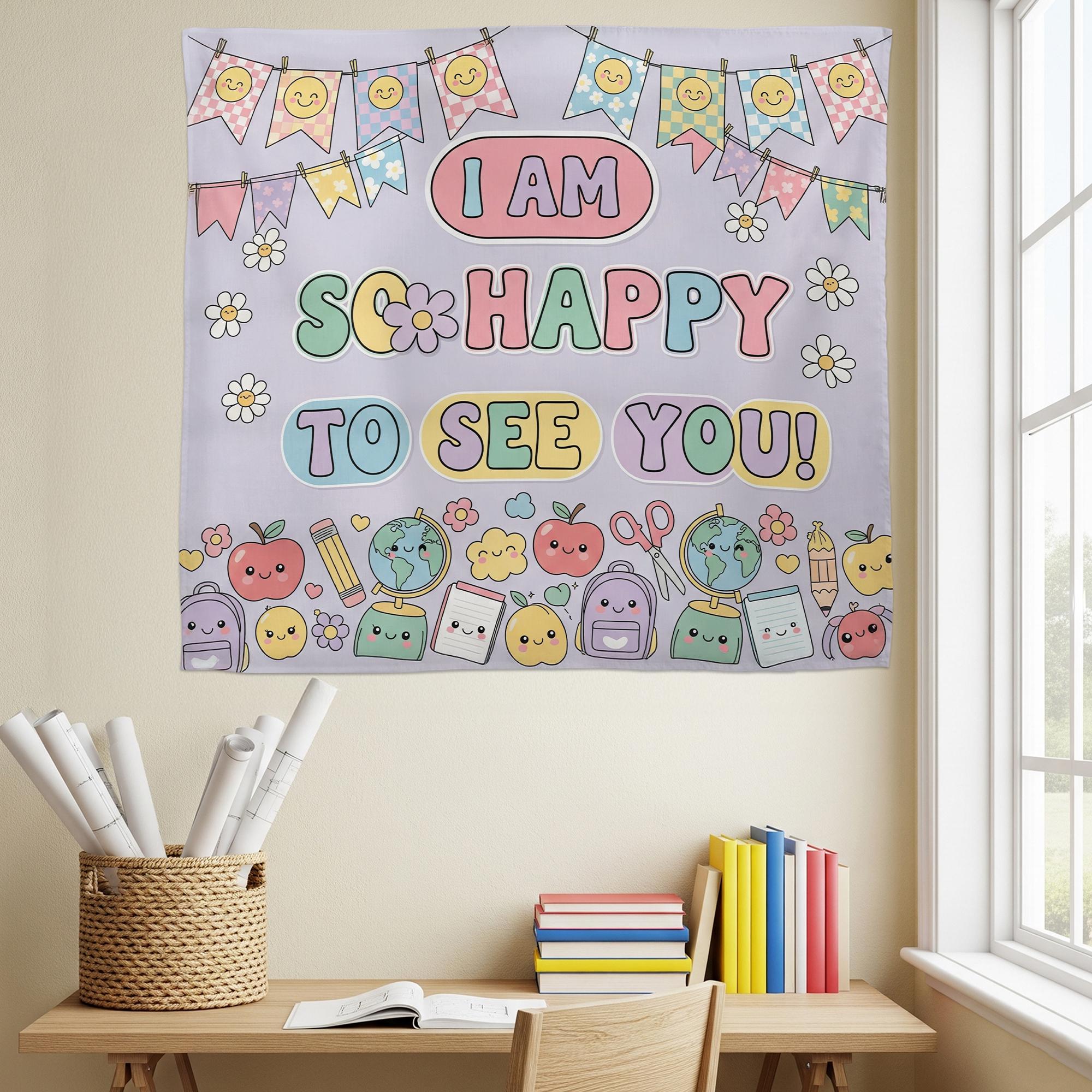 I Am So Happy To See You Garden Flag Tapestry, Cute Welcome Yard Banner, Kawaii Classroom Wall Hanging