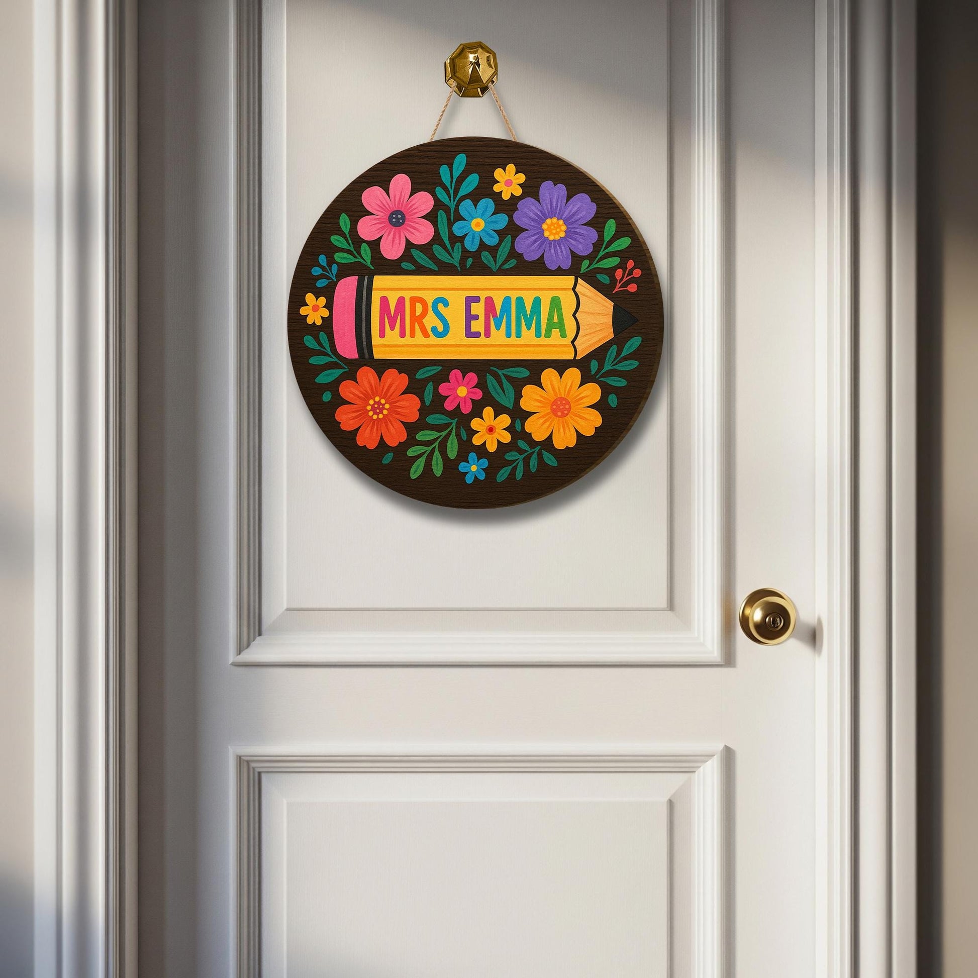 Personalized Pencil Teacher Door Sign, Teacher Floral Pencil Door Hanger, Custom Classroom Teacher Gift