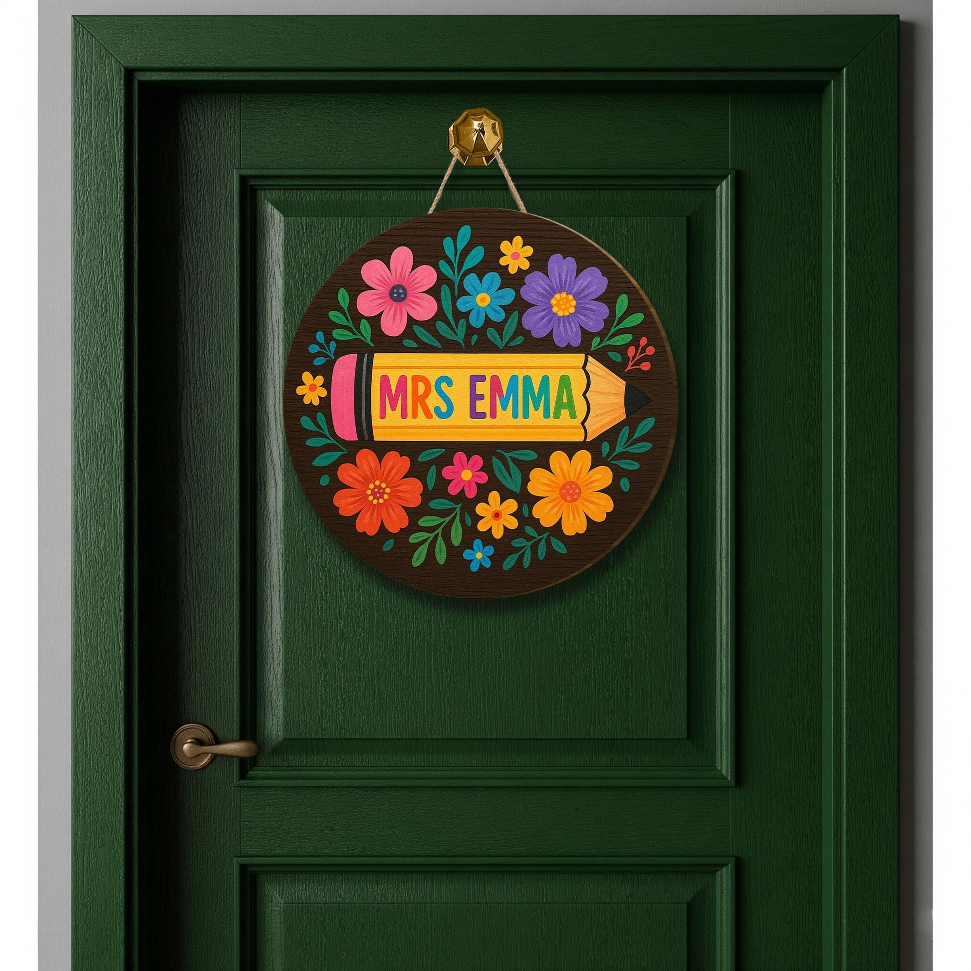 Personalized Pencil Teacher Door Sign, Teacher Floral Pencil Door Hanger, Custom Classroom Teacher Gift