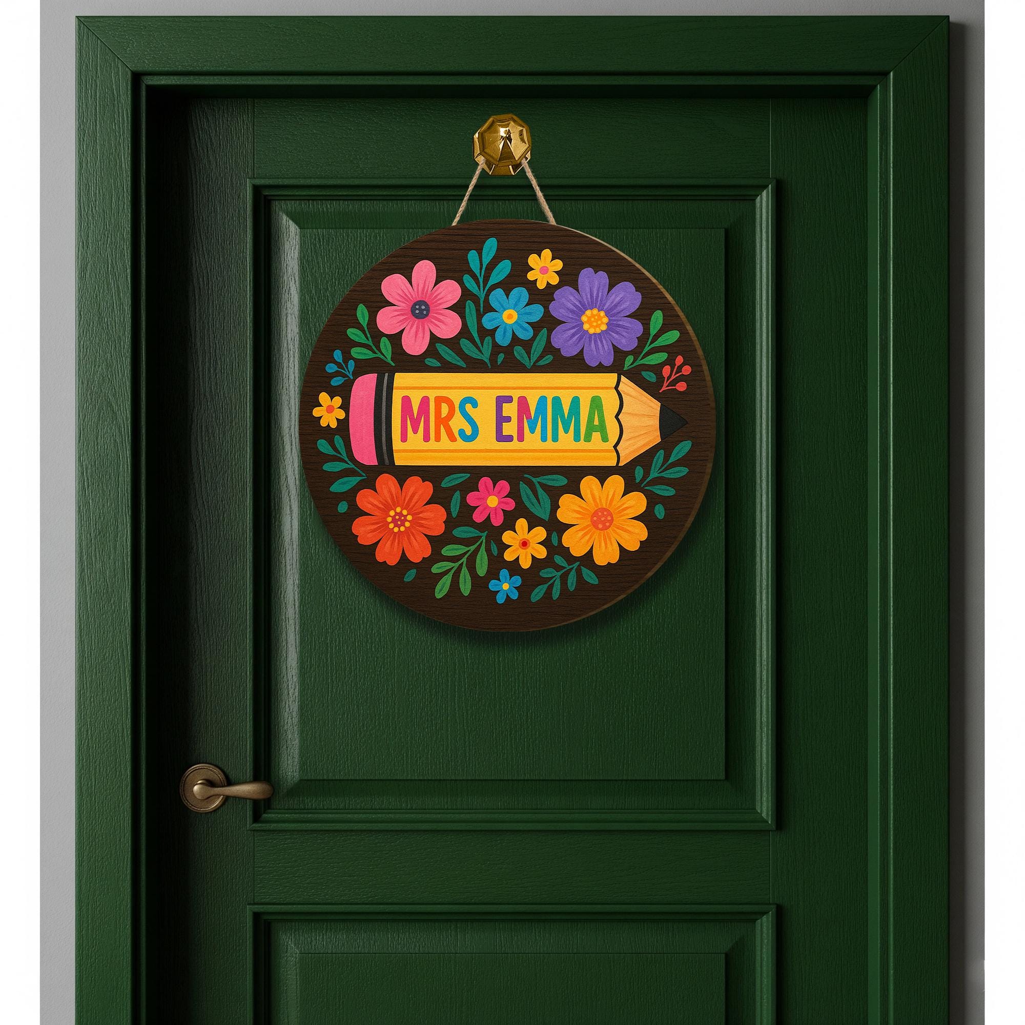 Personalized Pencil Teacher Door Sign, Teacher Floral Pencil Door Hanger, Custom Classroom Teacher Gift
