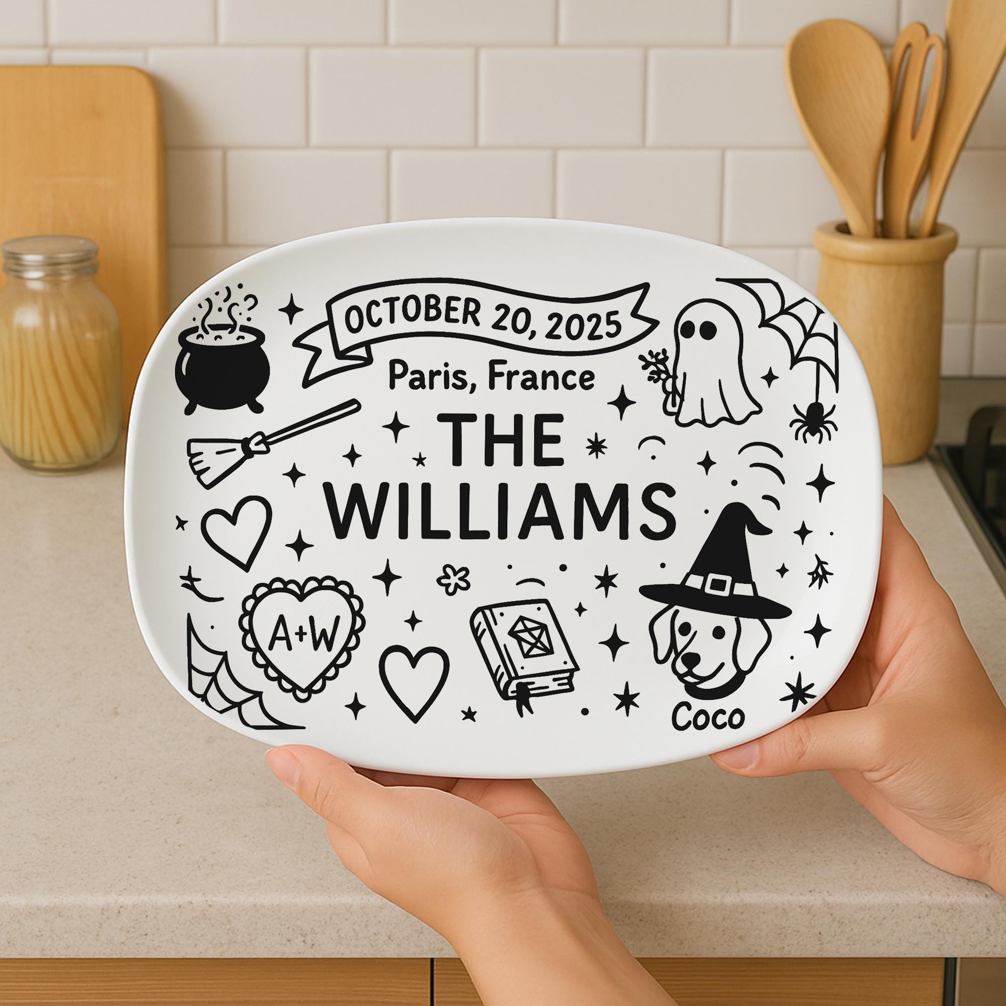 Custom Halloween Wedding Platter – Personalized Fall Wedding Serving Tray – Spooky Engagement Gift – Witchy Bridal Keepsake Dish, DECOR ONLY