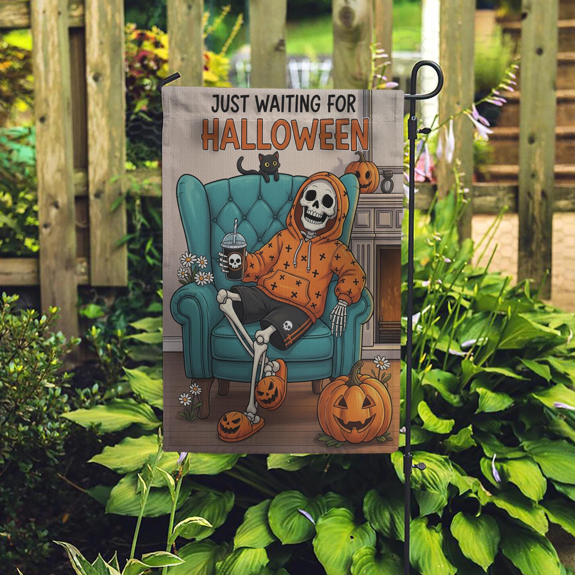Spooky Skeleton Halloween Garden Flag - Just Waiting for Halloween Yard Decor - Fall Outdoor Decoration - Funny Autumn Banner