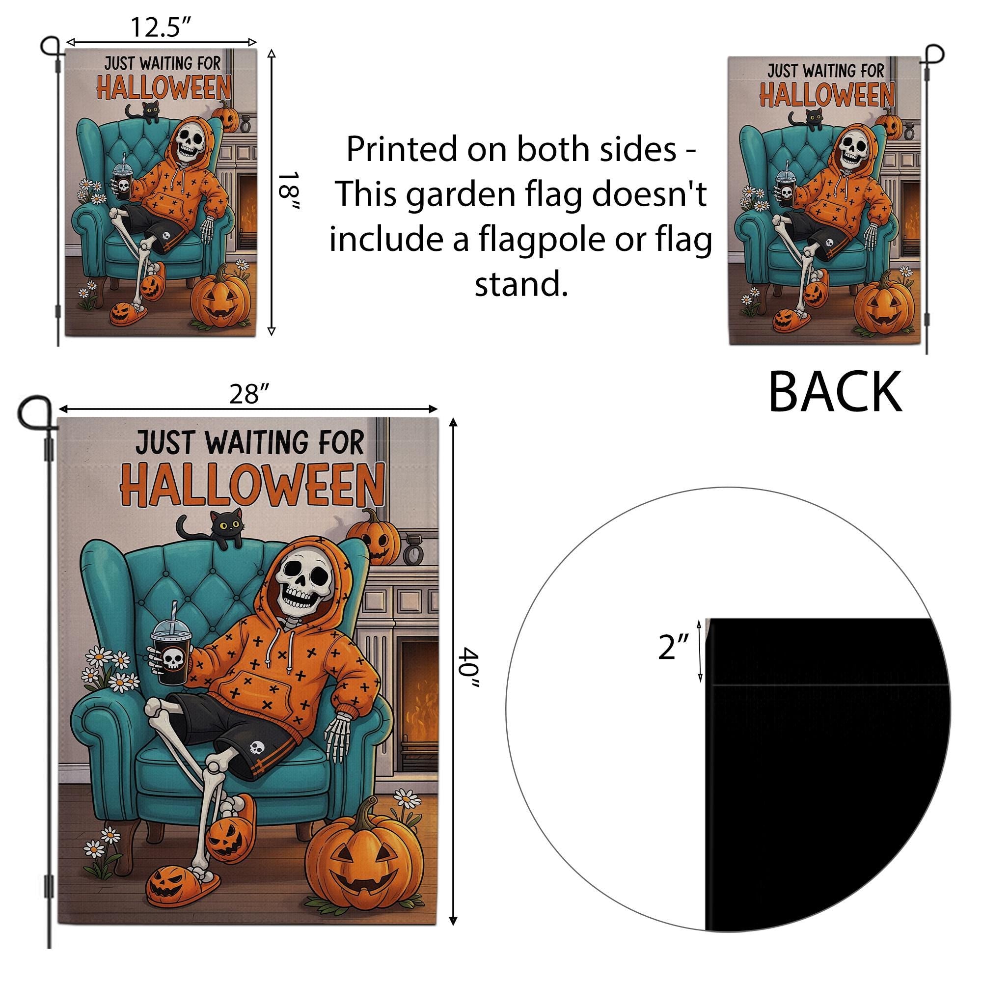 Spooky Skeleton Halloween Garden Flag - Just Waiting for Halloween Yard Decor - Fall Outdoor Decoration - Funny Autumn Banner