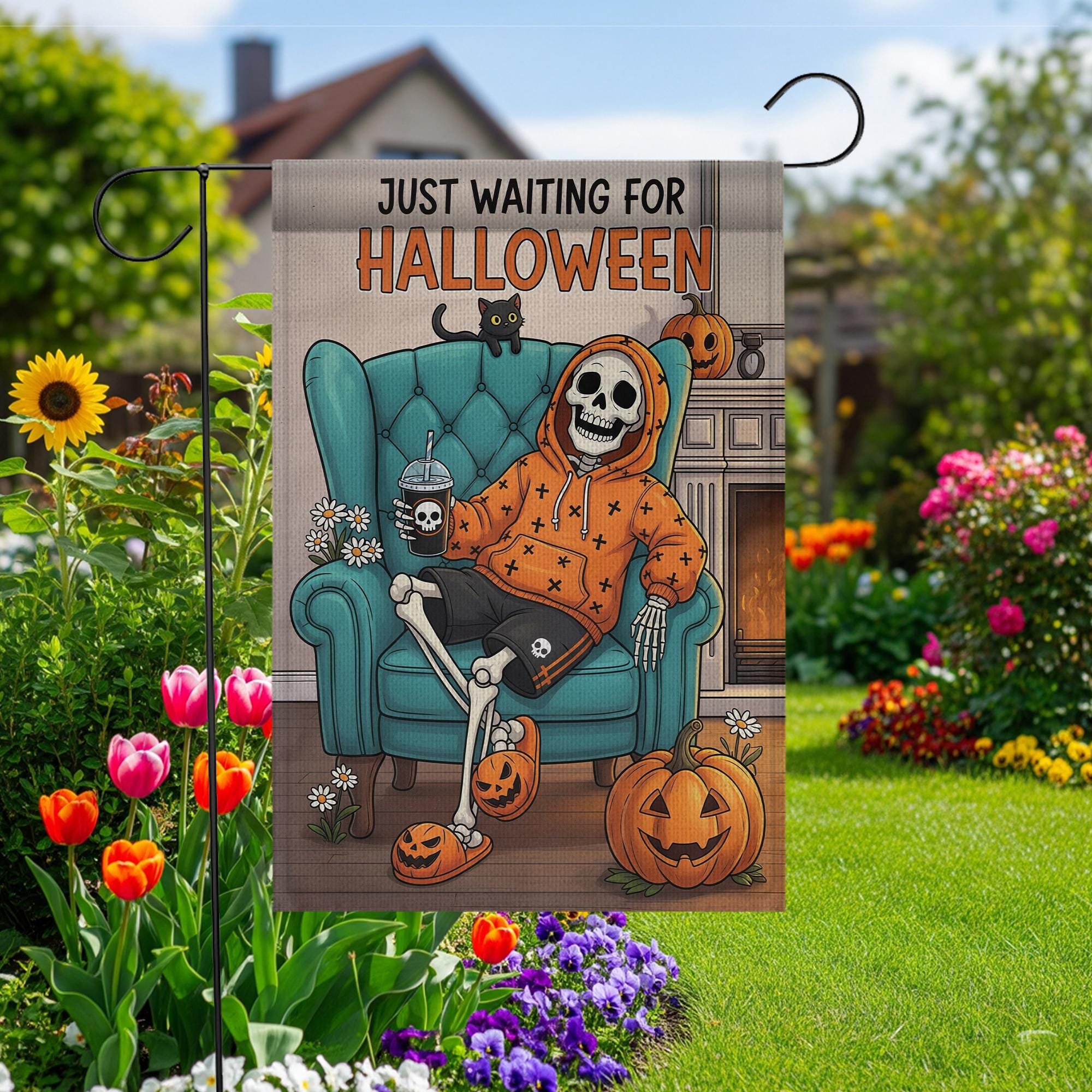 Spooky Skeleton Halloween Garden Flag - Just Waiting for Halloween Yard Decor - Fall Outdoor Decoration - Funny Autumn Banner