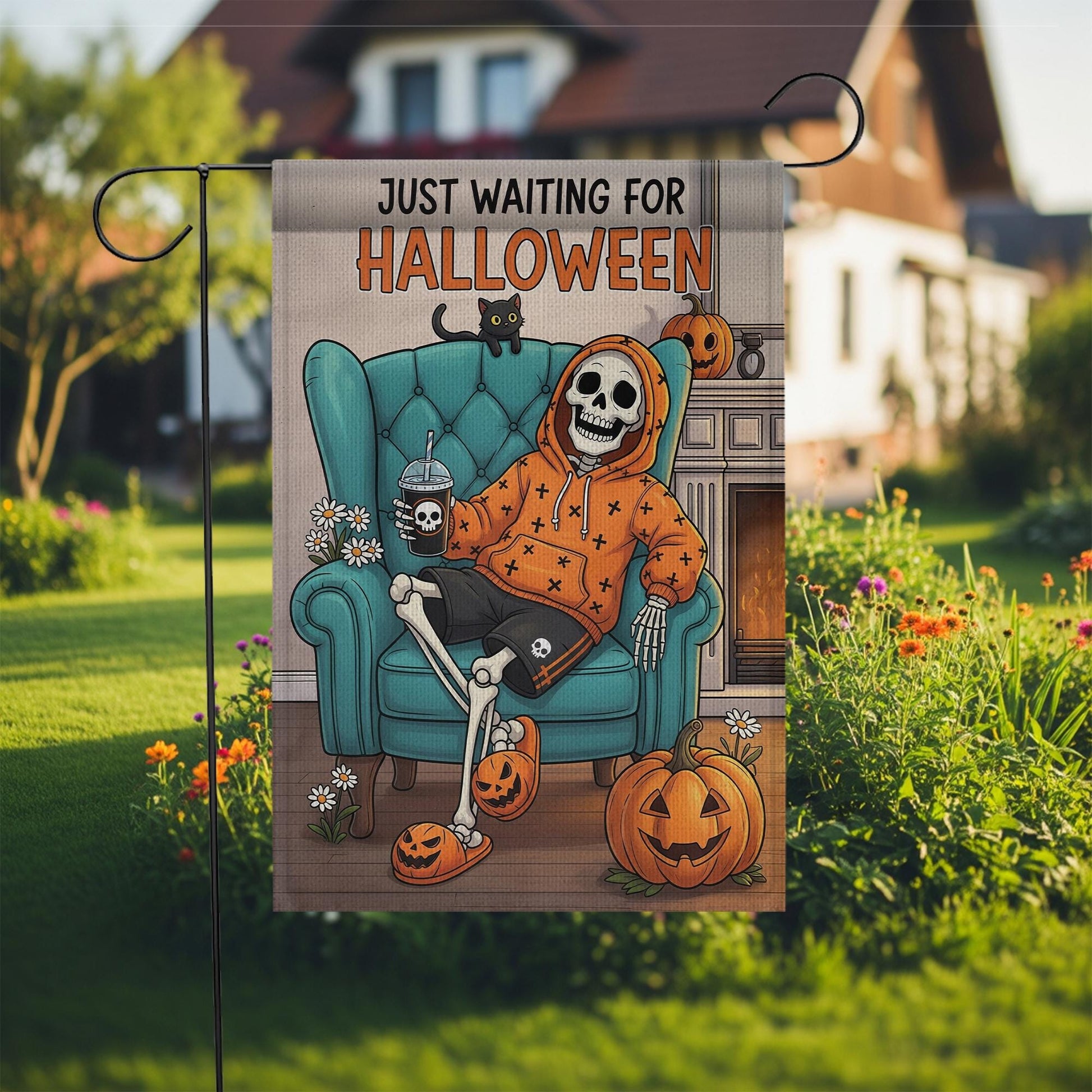 Spooky Skeleton Halloween Garden Flag - Just Waiting for Halloween Yard Decor - Fall Outdoor Decoration - Funny Autumn Banner