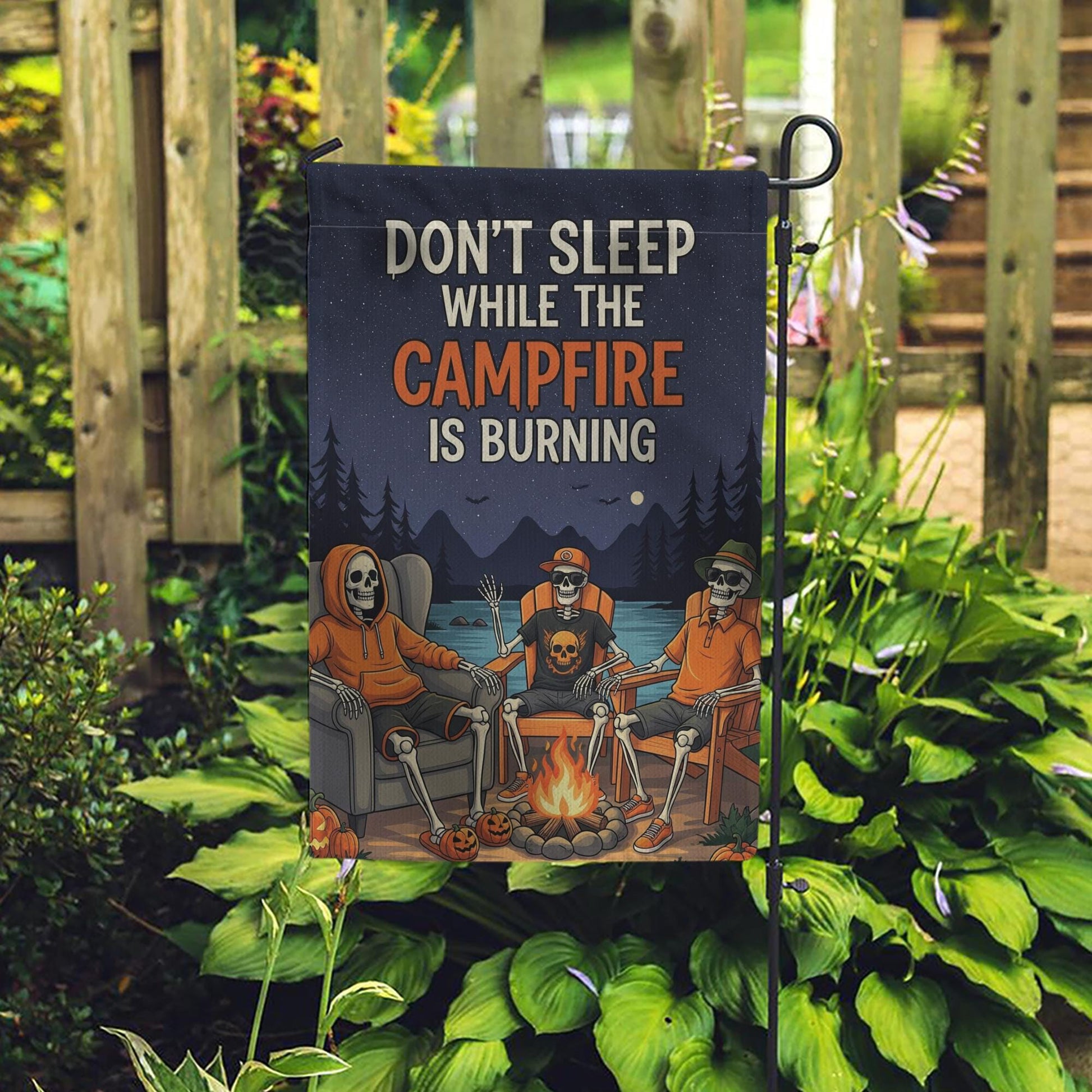 Campfire Skeletons Garden Flag - "Don't Sleep While The Campfire Is Burning" Outdoor Decor - Halloween Yard Art - Spooky Autumn Banner