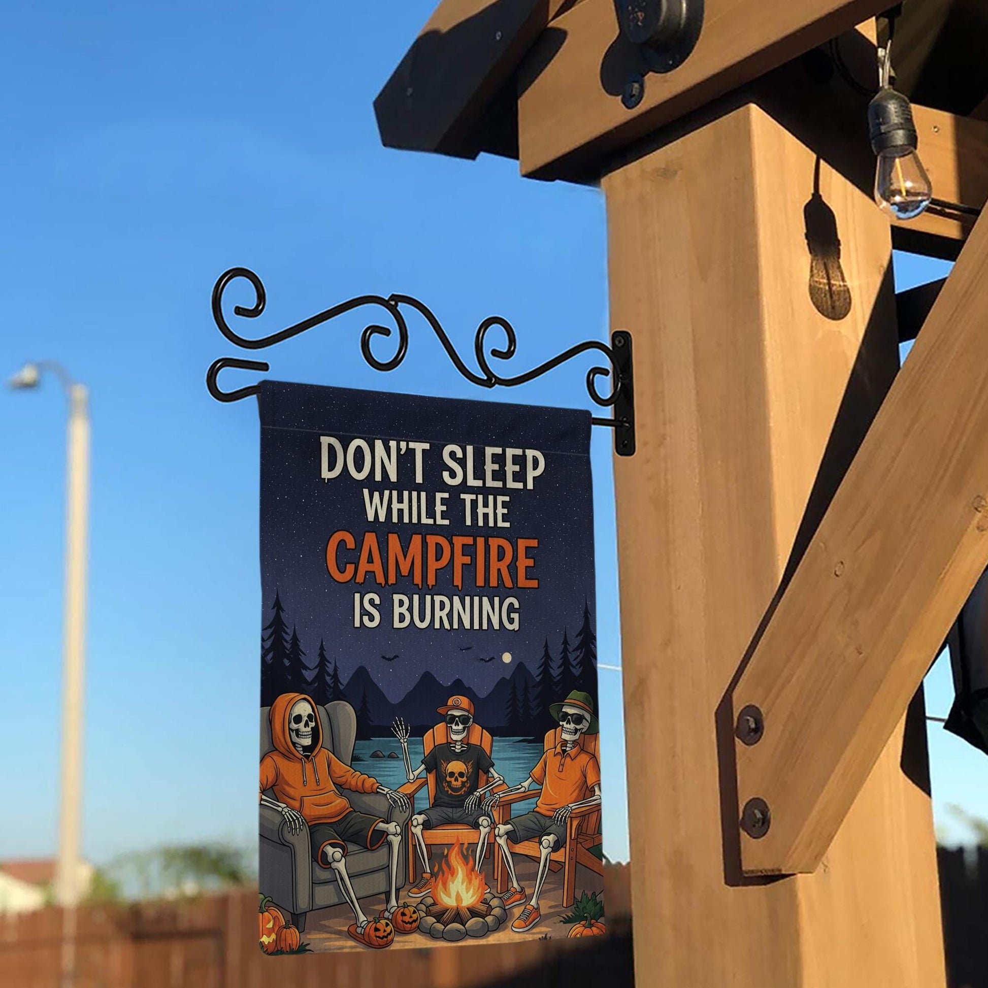 Campfire Skeletons Garden Flag - "Don't Sleep While The Campfire Is Burning" Outdoor Decor - Halloween Yard Art - Spooky Autumn Banner