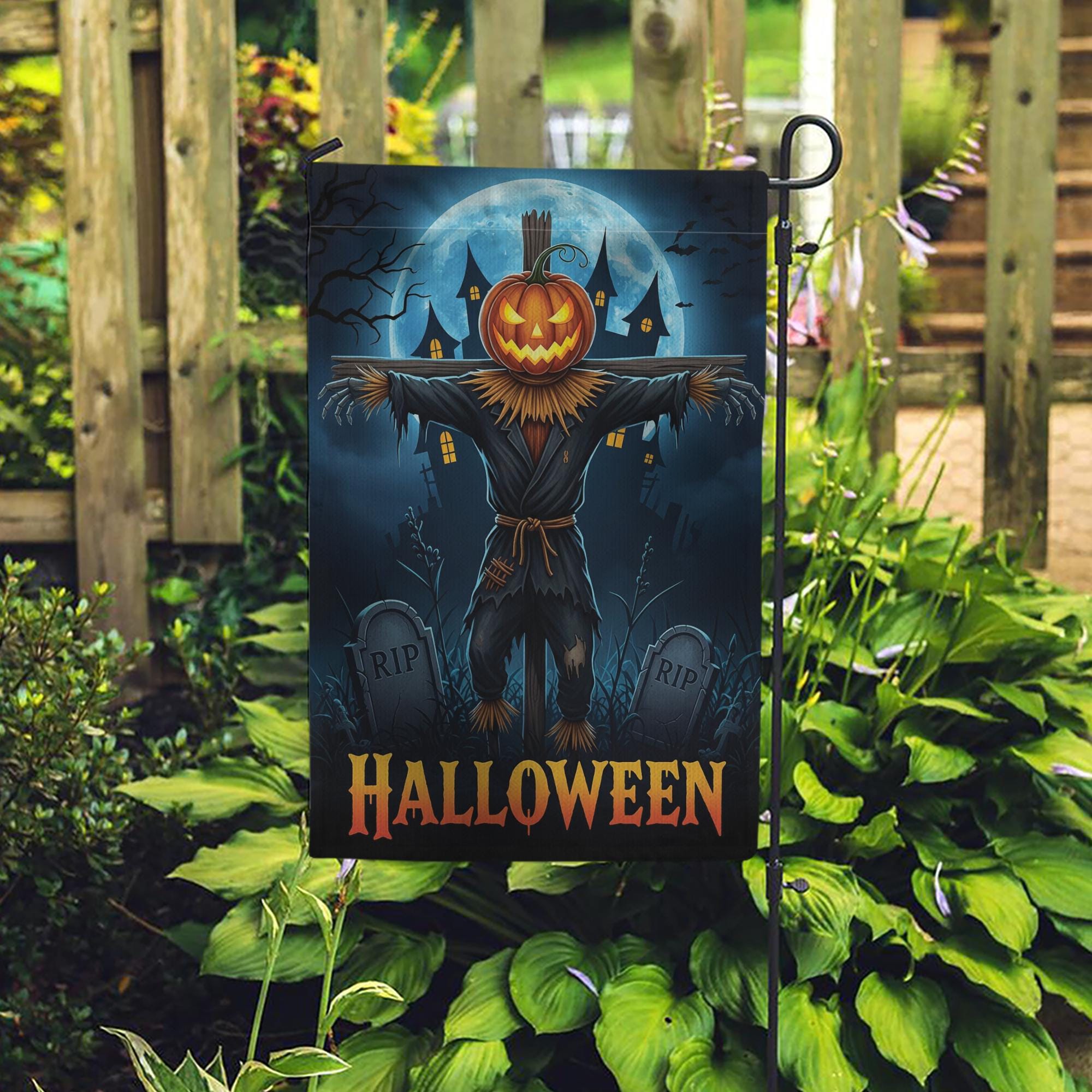 Spooky Scarecrow Halloween Garden Flag - Jack O Lantern Yard Decor - Full Moon Outdoor Banner - Haunted House Autumn Decoration
