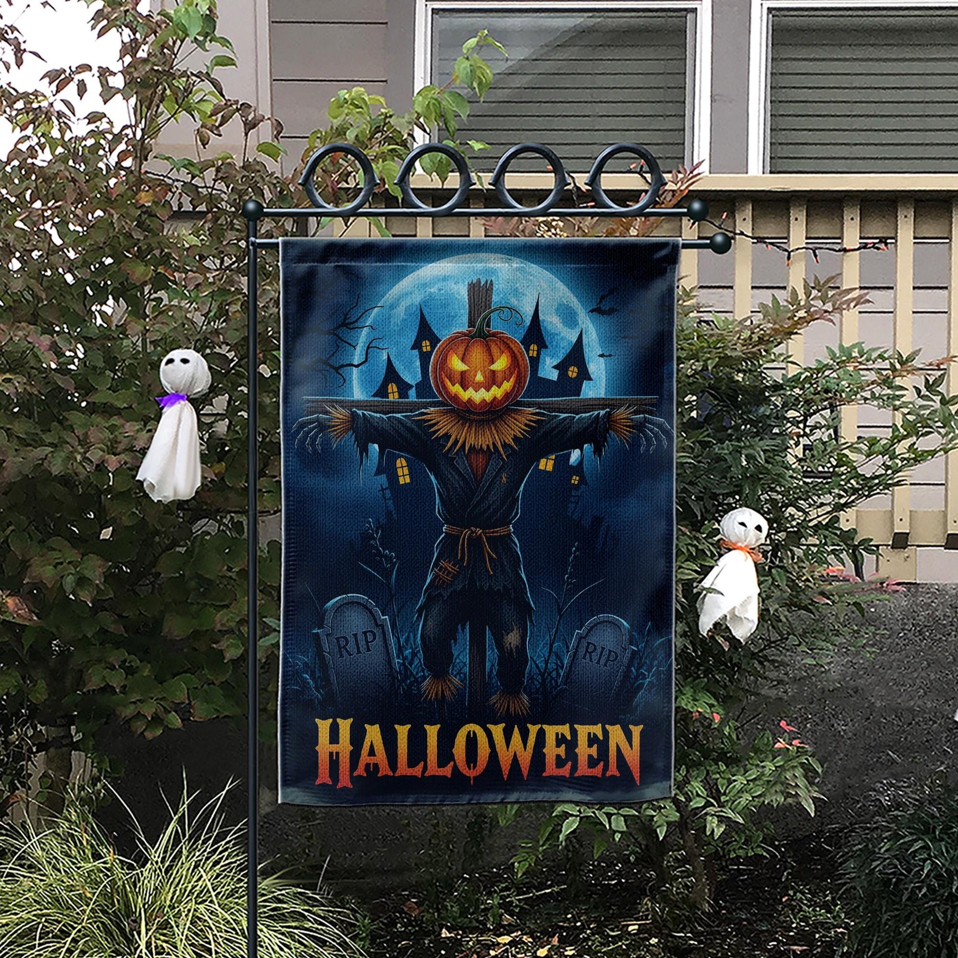 Spooky Scarecrow Halloween Garden Flag - Jack O Lantern Yard Decor - Full Moon Outdoor Banner - Haunted House Autumn Decoration