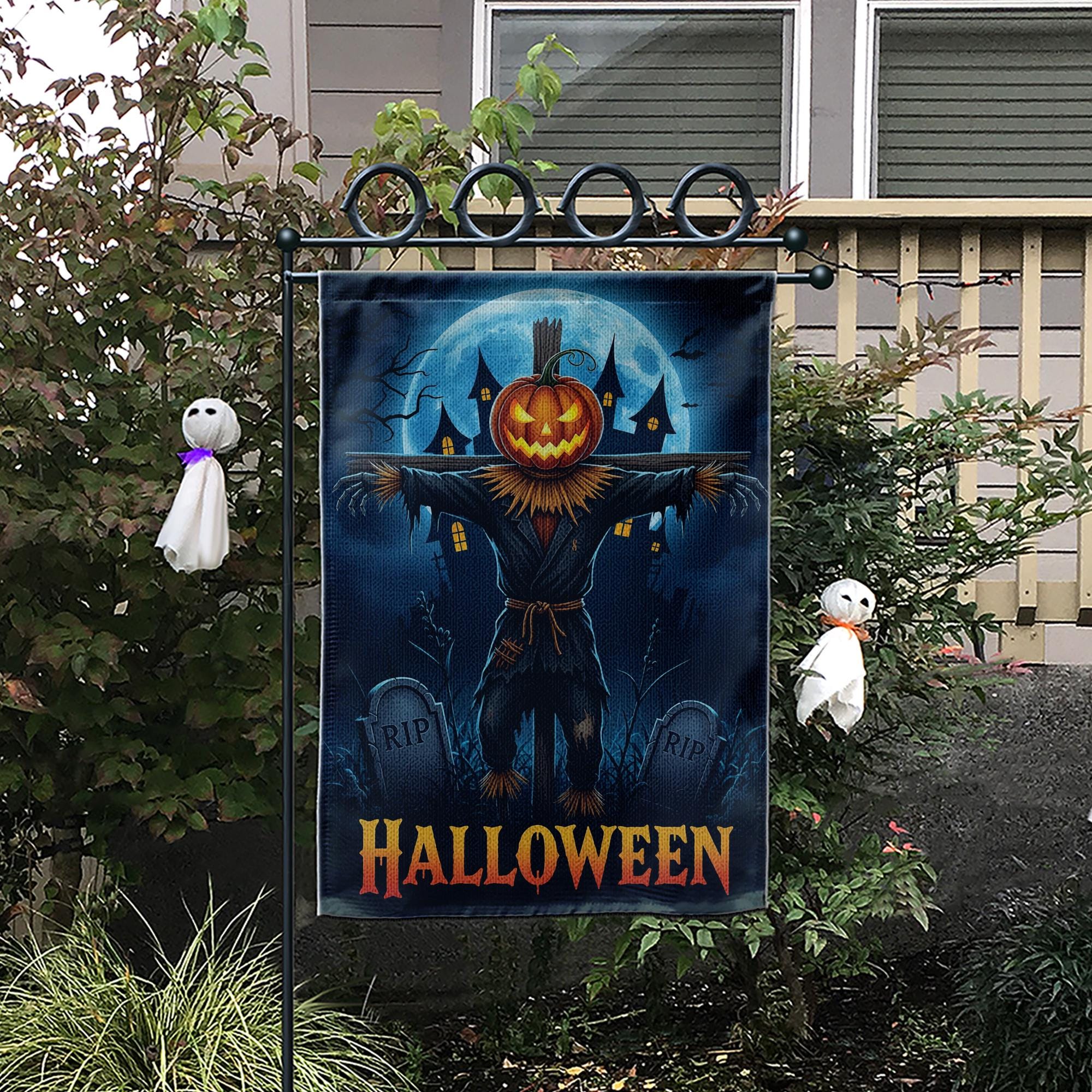 Spooky Scarecrow Halloween Garden Flag - Jack O Lantern Yard Decor - Full Moon Outdoor Banner - Haunted House Autumn Decoration