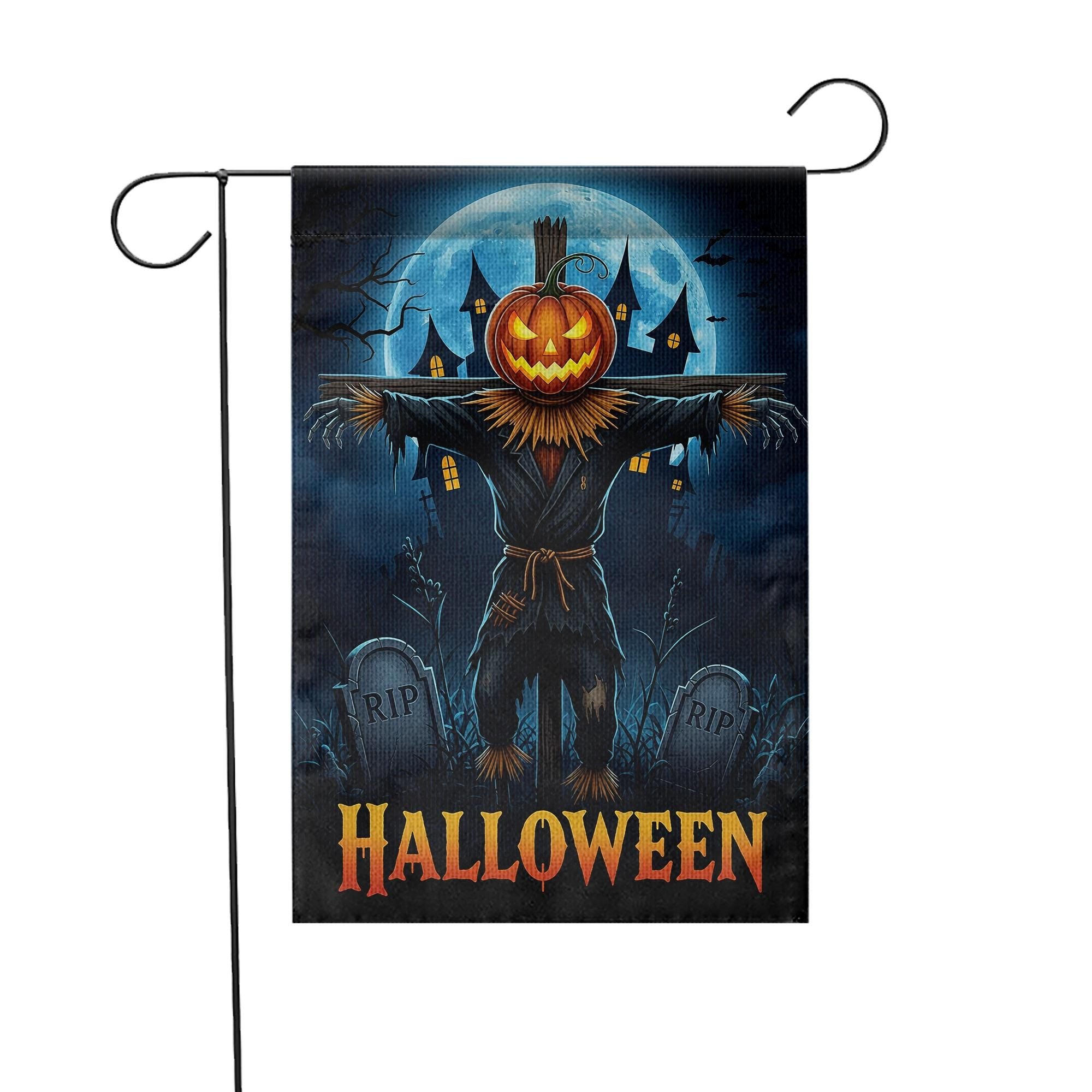 Spooky Scarecrow Halloween Garden Flag - Jack O Lantern Yard Decor - Full Moon Outdoor Banner - Haunted House Autumn Decoration