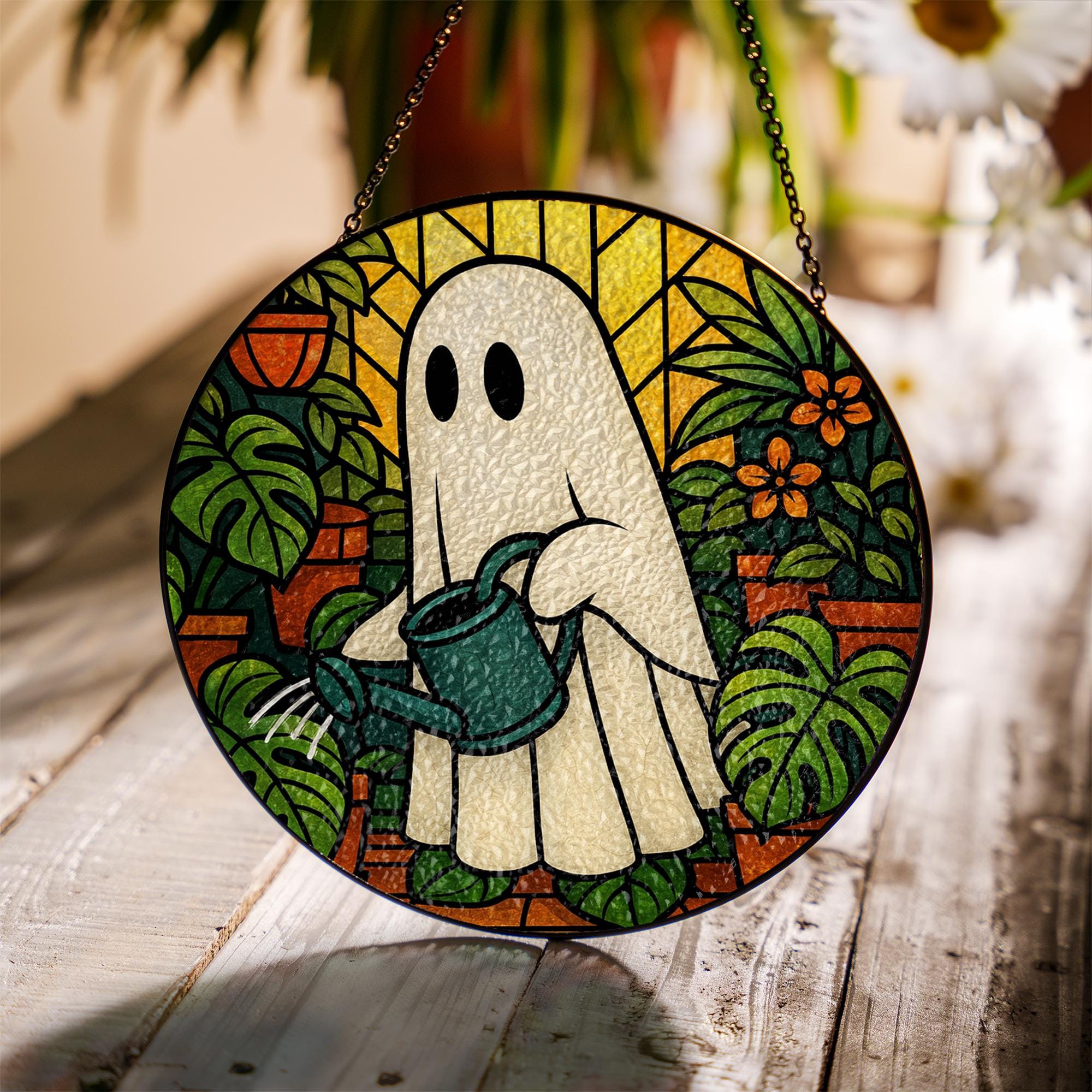 Ghost Watering Plants Suncatcher | Glass Ghost Sun Catcher | Spooky Plant Lover Window Decor | Whimsical Halloween Gift