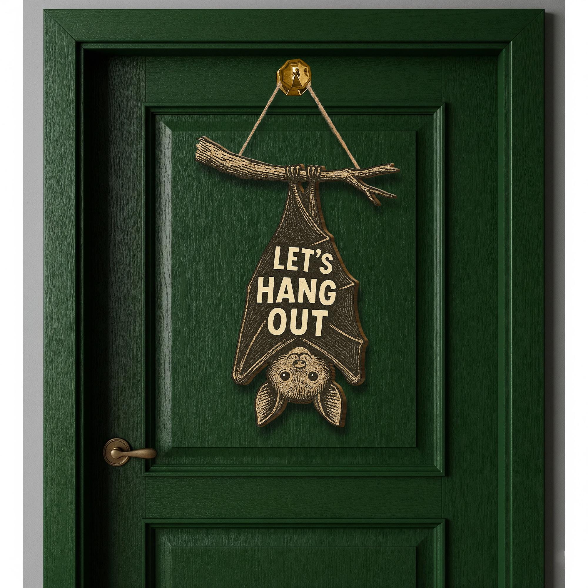 Let’s Hang Out Bat Door Sign | Gothic Halloween Hanging Decor | Vintage-Inspired Spooky Sign | Cute Bat Wall Art for Front Door or Entryway