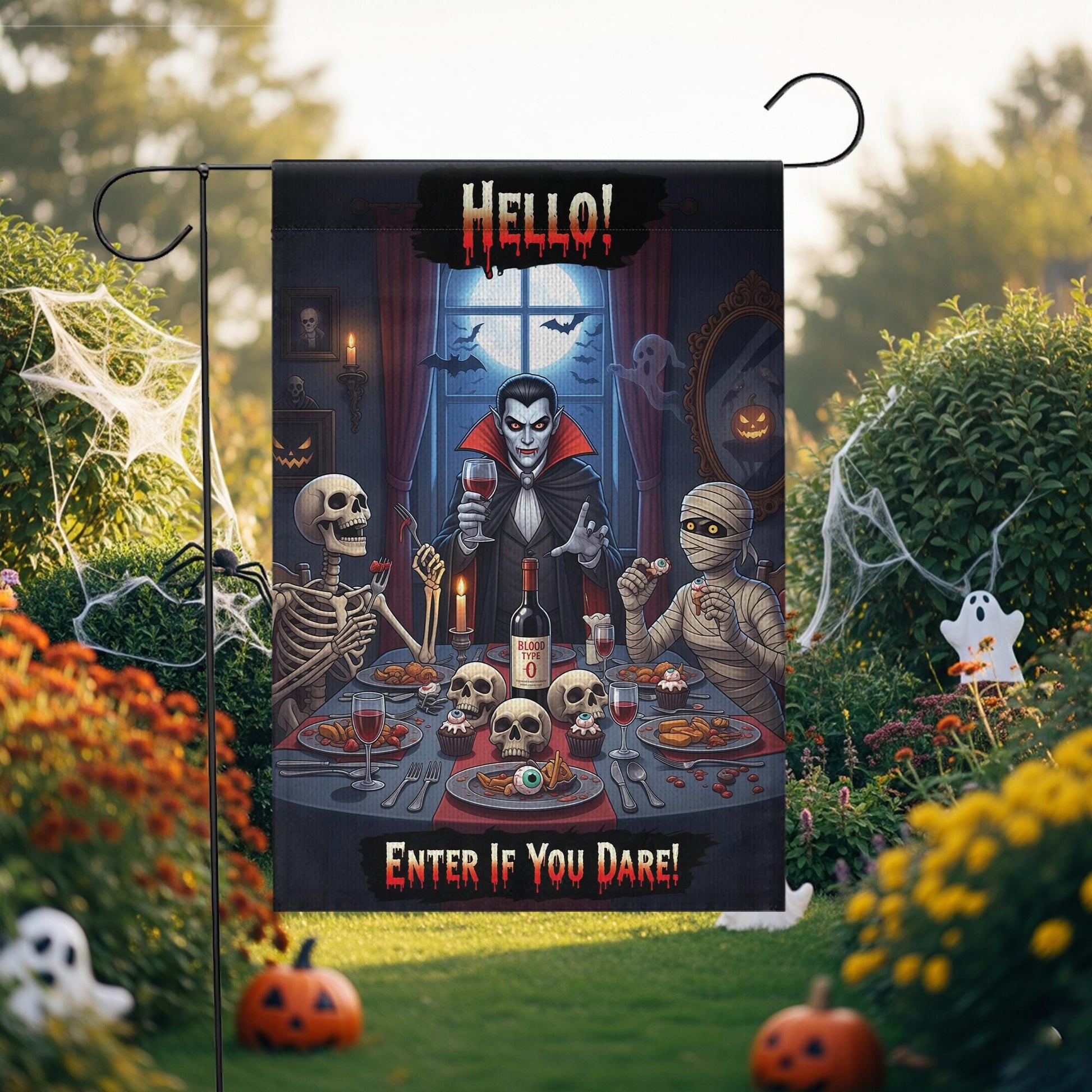 Halloween Garden Flag Vampire Dinner – Funny Spooky Outdoor Décor – Skeletons Mummy Blood Wine – “Enter If You Dare” Yard Sign
