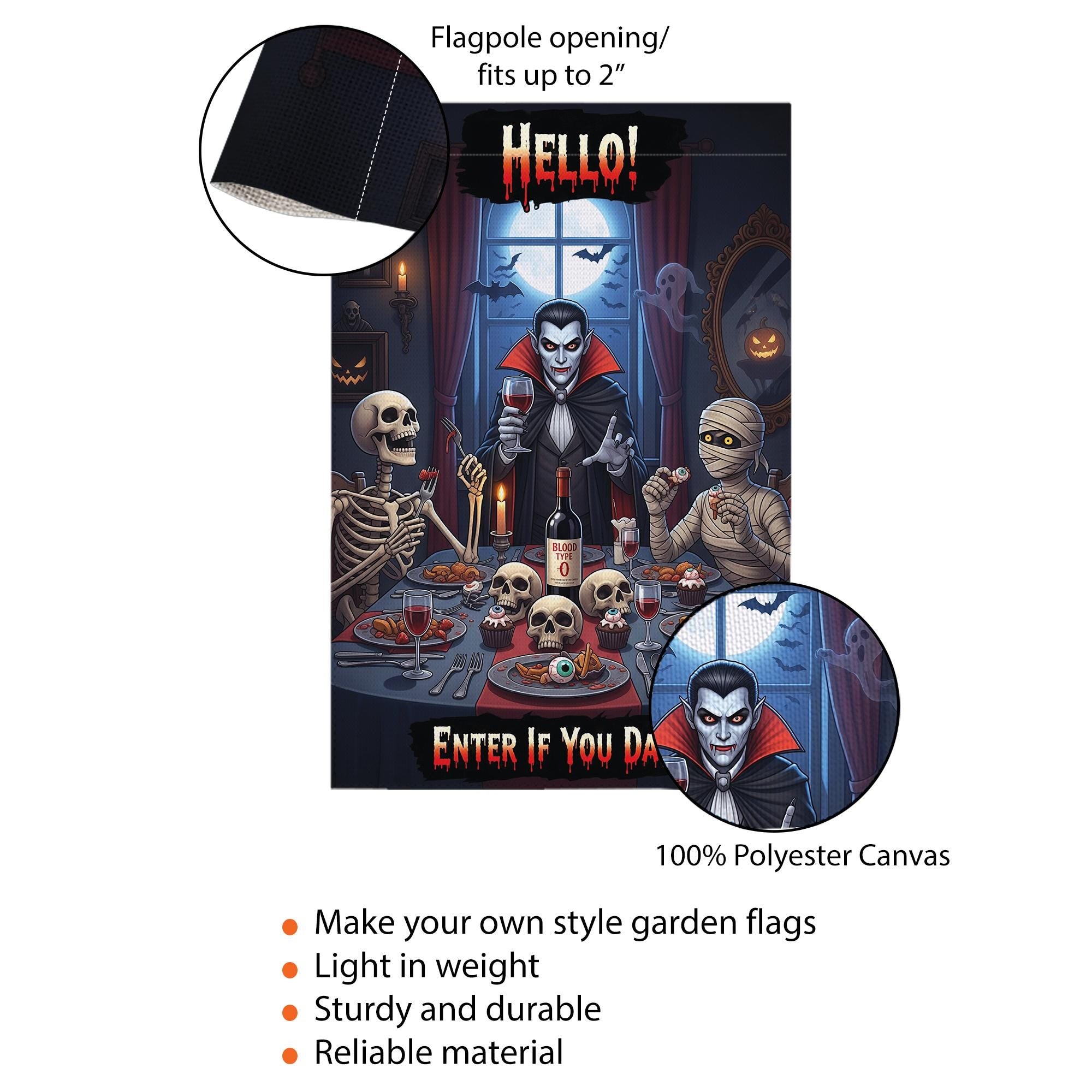 Halloween Garden Flag Vampire Dinner – Funny Spooky Outdoor Décor – Skeletons Mummy Blood Wine – “Enter If You Dare” Yard Sign