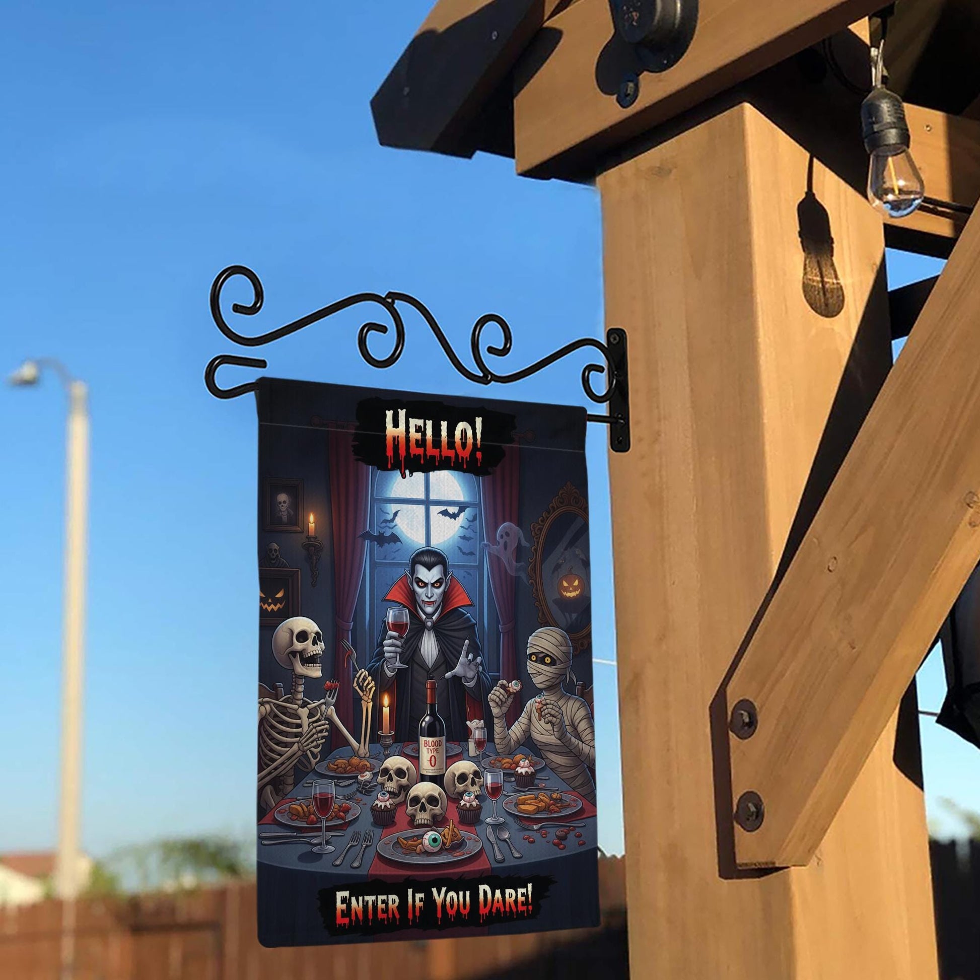 Halloween Garden Flag Vampire Dinner – Funny Spooky Outdoor Décor – Skeletons Mummy Blood Wine – “Enter If You Dare” Yard Sign