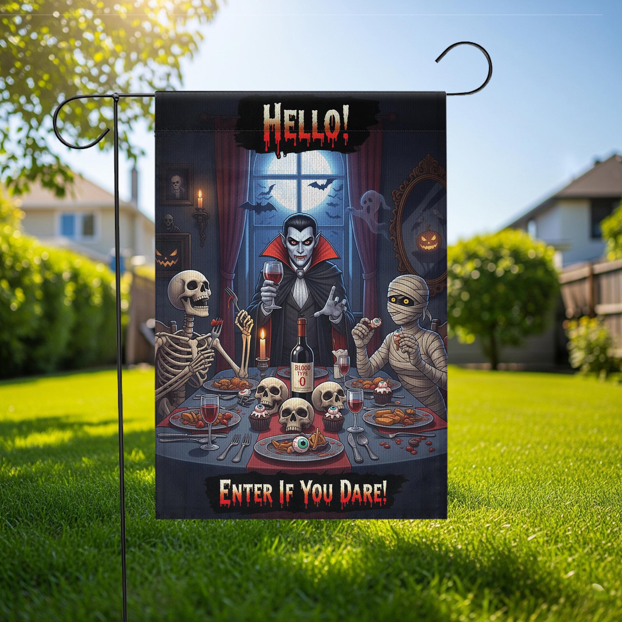 Halloween Garden Flag Vampire Dinner – Funny Spooky Outdoor Décor – Skeletons Mummy Blood Wine – “Enter If You Dare” Yard Sign