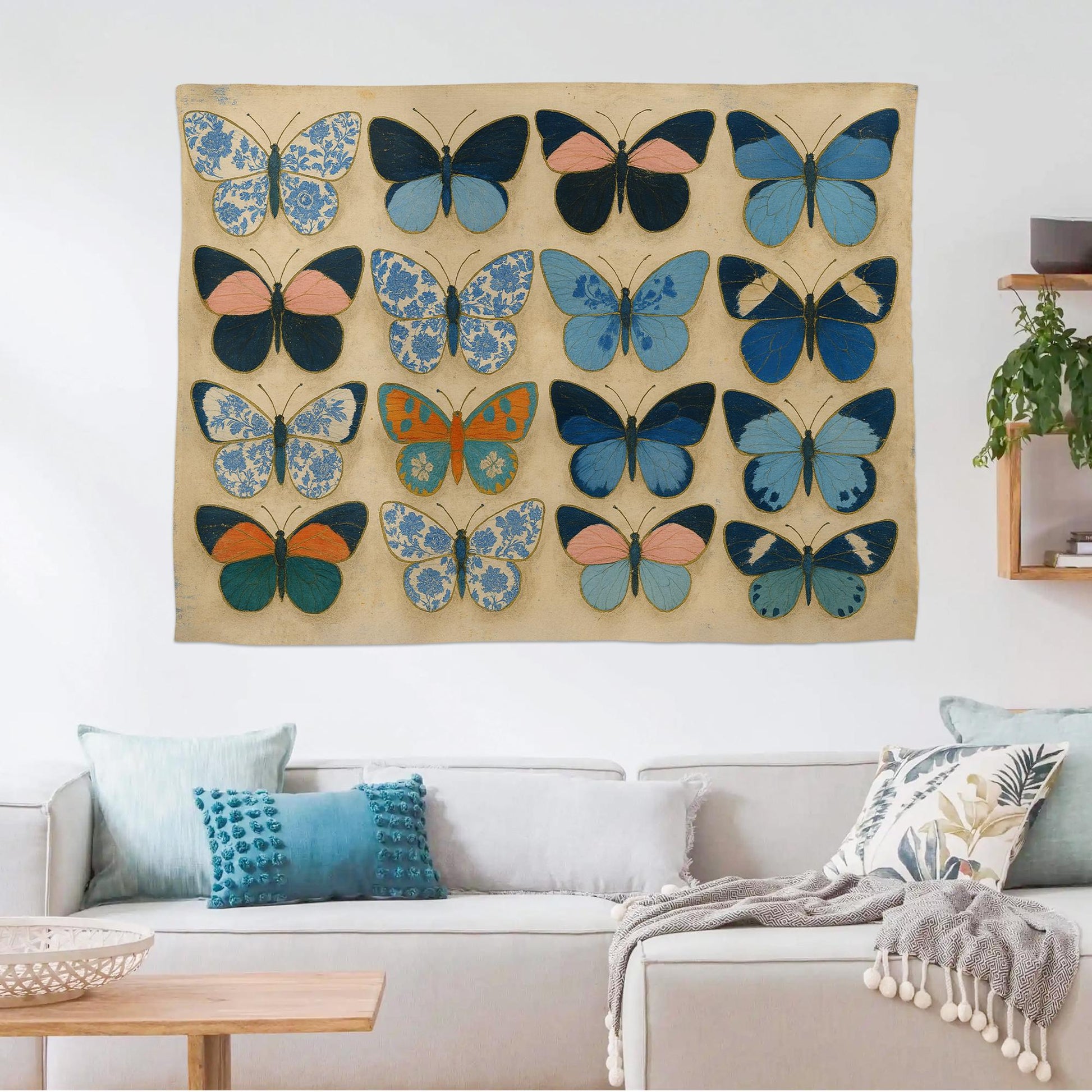 Chinoiserie Butterfly Tapestry | Blue Floral Vintage Wall Art | Cottagecore Insect Decor | Elegant Botanical Wall Hanging for Bedroom
