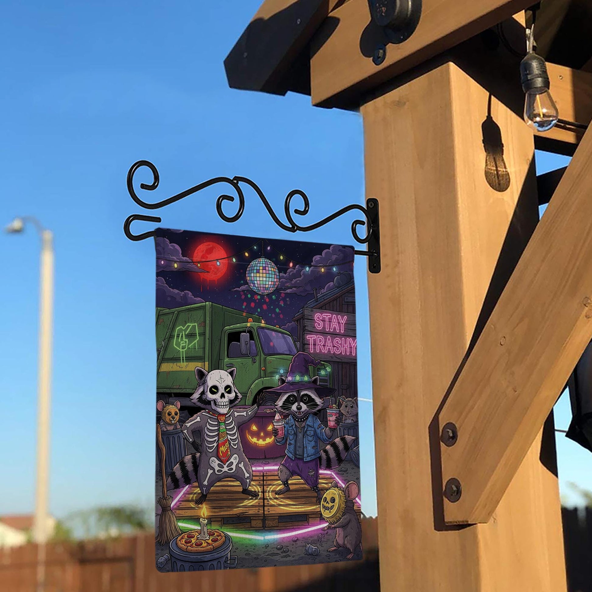 Stay Trashy Halloween Garden Flag – Funny Raccoon Skeleton Yard Decor – Trash Panda Witch Party Sign – Spooky Outdoor Banner