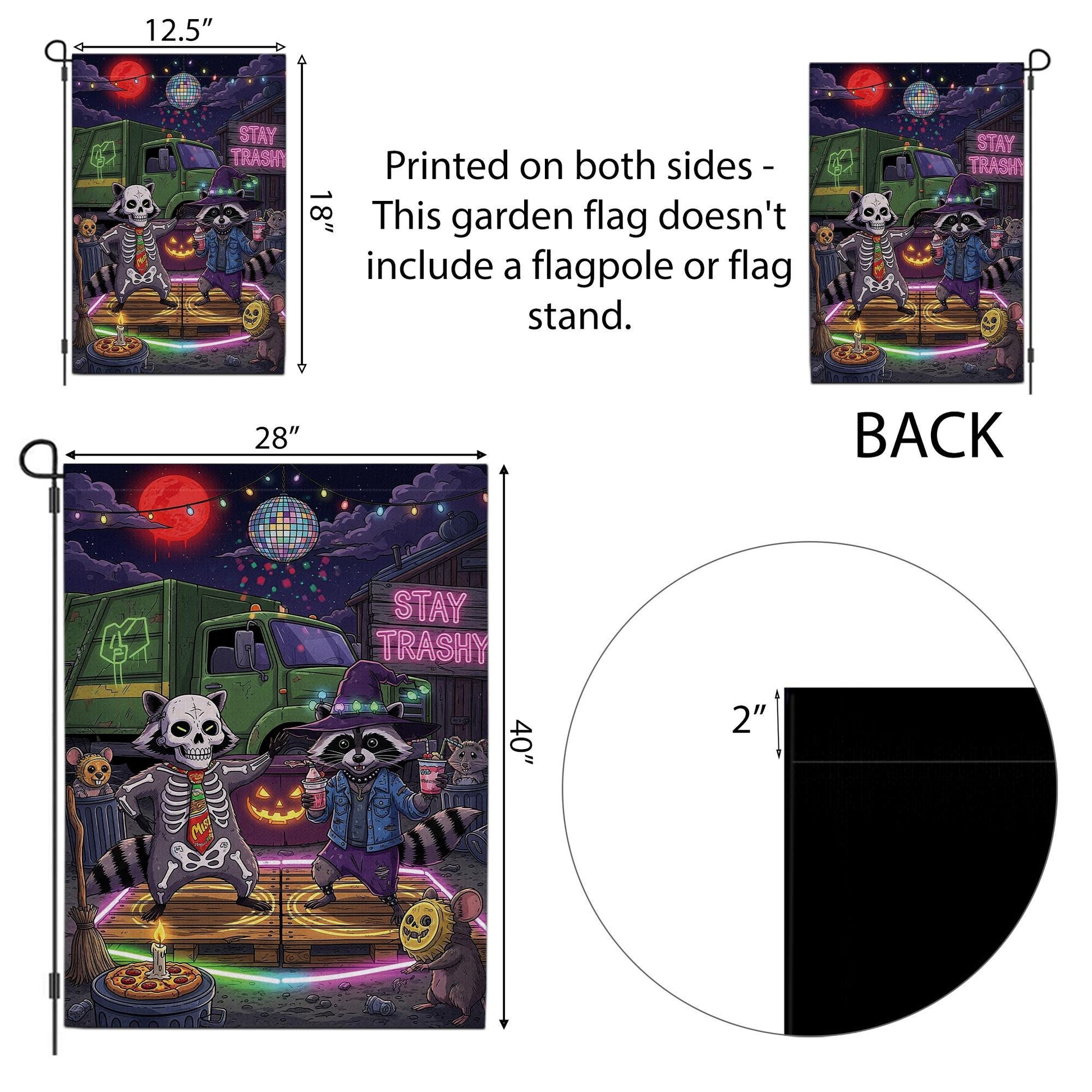 Stay Trashy Halloween Garden Flag – Funny Raccoon Skeleton Yard Decor – Trash Panda Witch Party Sign – Spooky Outdoor Banner
