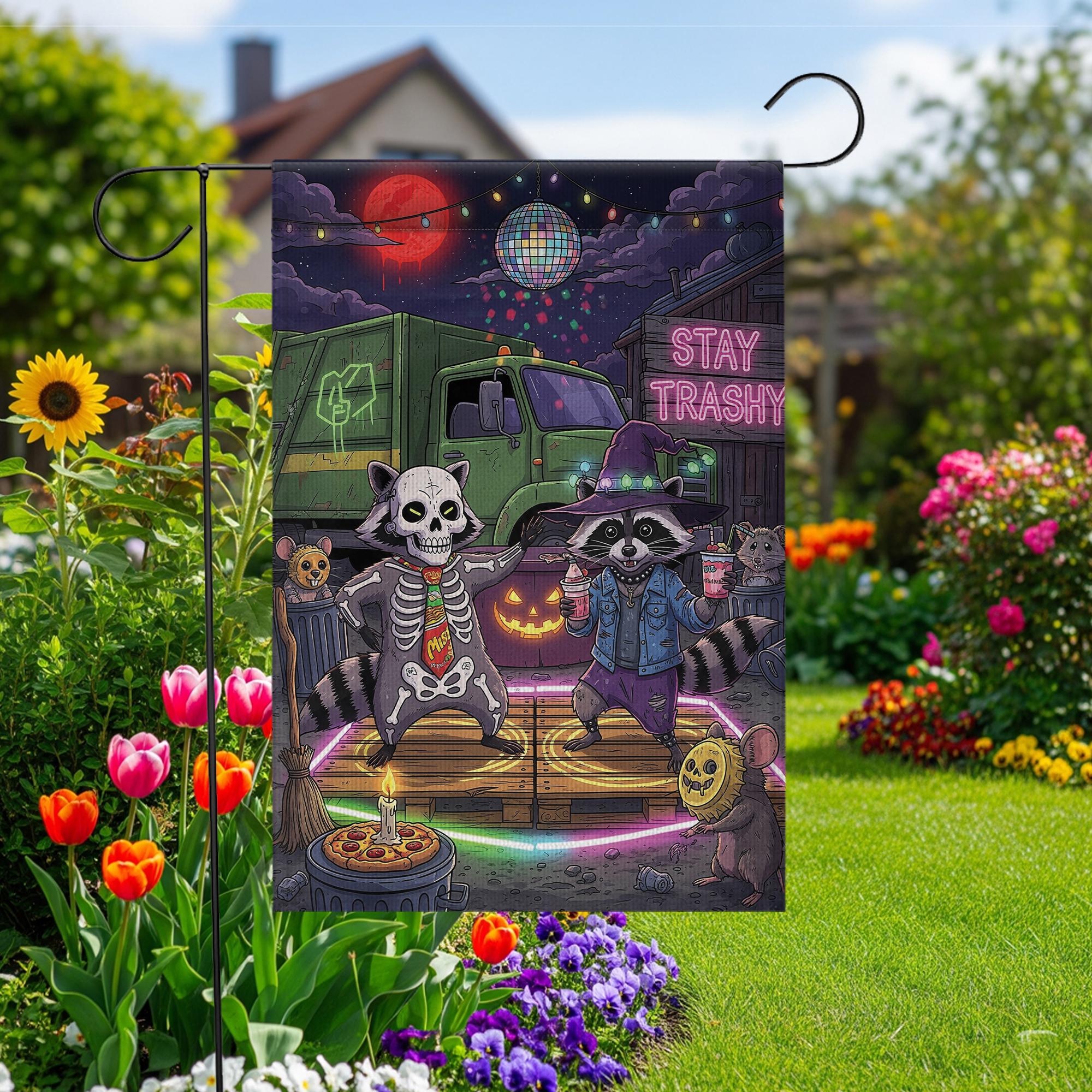 Stay Trashy Halloween Garden Flag – Funny Raccoon Skeleton Yard Decor – Trash Panda Witch Party Sign – Spooky Outdoor Banner