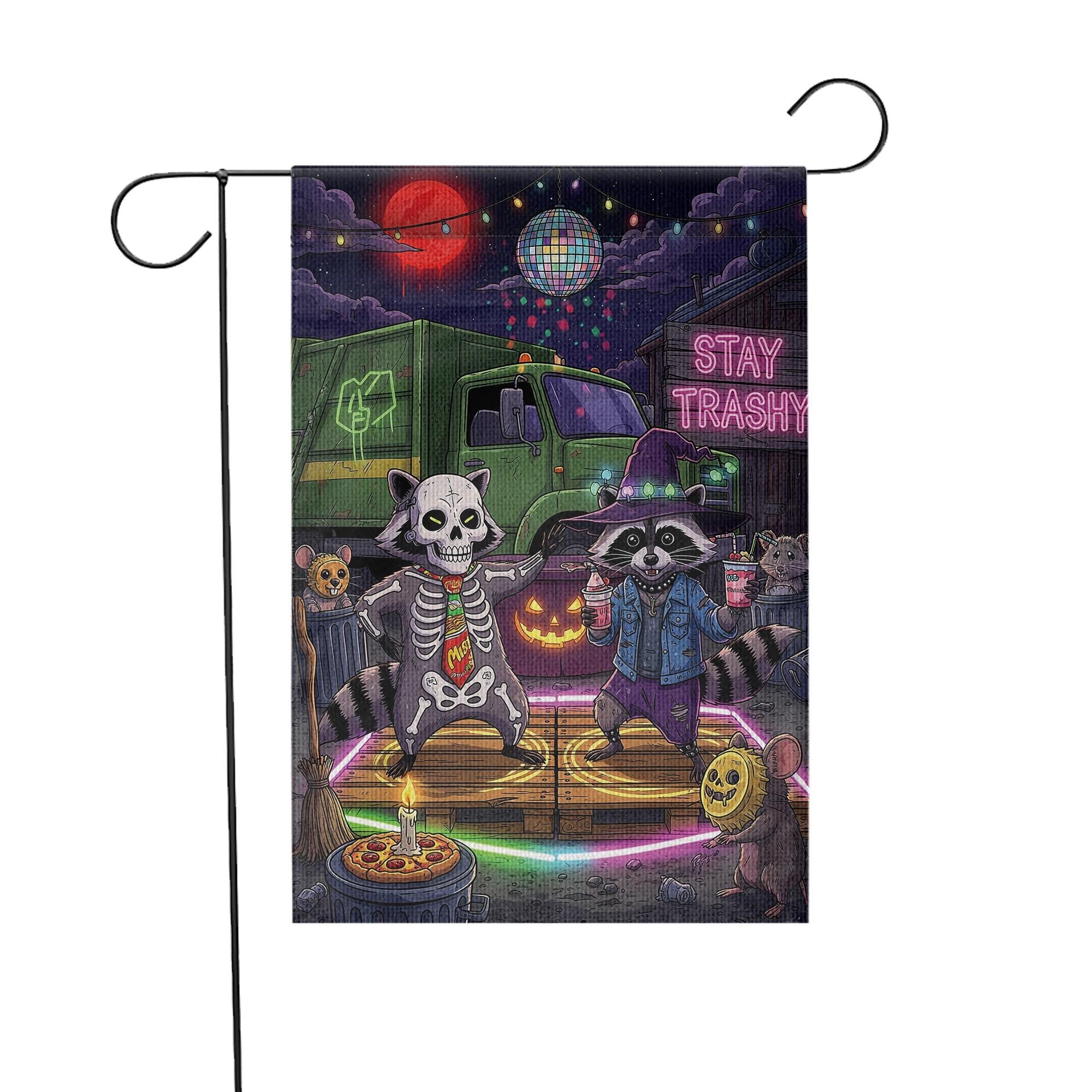 Stay Trashy Halloween Garden Flag – Funny Raccoon Skeleton Yard Decor – Trash Panda Witch Party Sign – Spooky Outdoor Banner