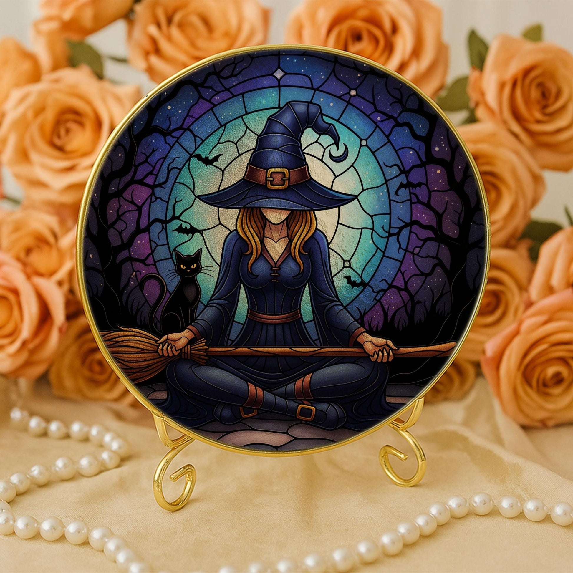 Witch Yoga Glass Suncatcher – Glass Halloween Window Hanging – Black Cat Moon Meditation Witchy Home Decor gift