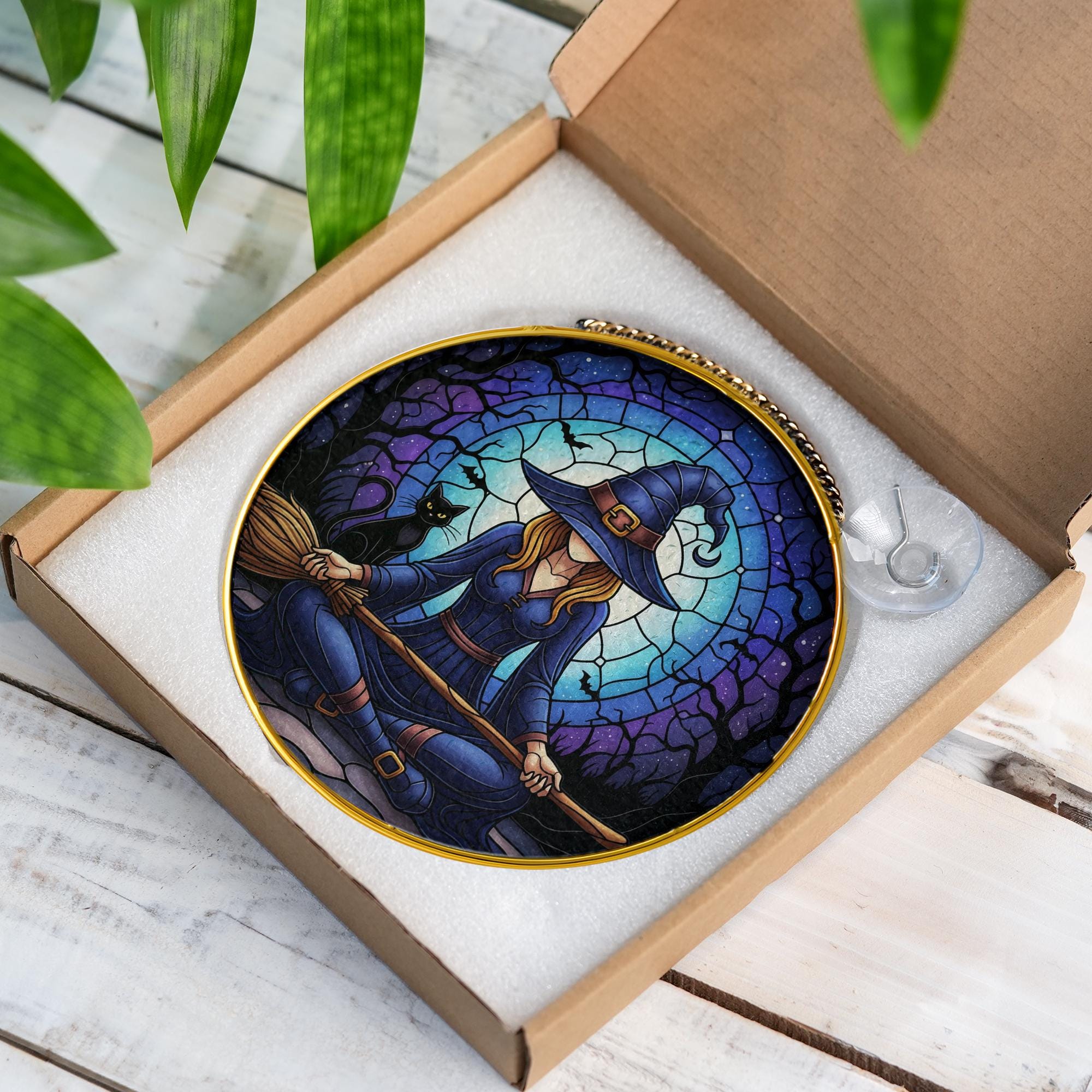 Witch Yoga Glass Suncatcher – Glass Halloween Window Hanging – Black Cat Moon Meditation Witchy Home Decor gift