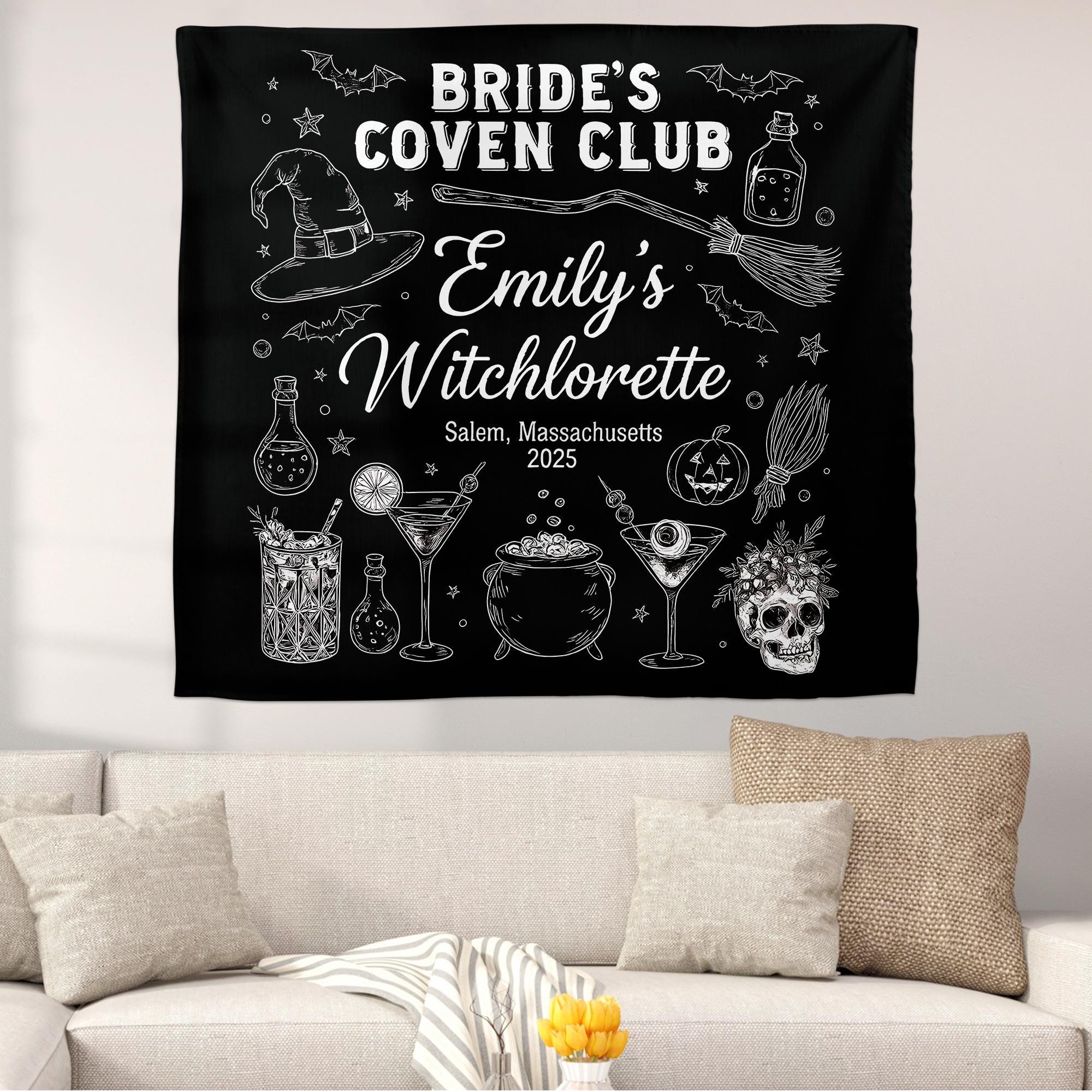 Custom Witchlorette Tapestry – Bride’s Coven Club Bachelorette Backdrop – Personalized Salem Witch Party Decoration 2025