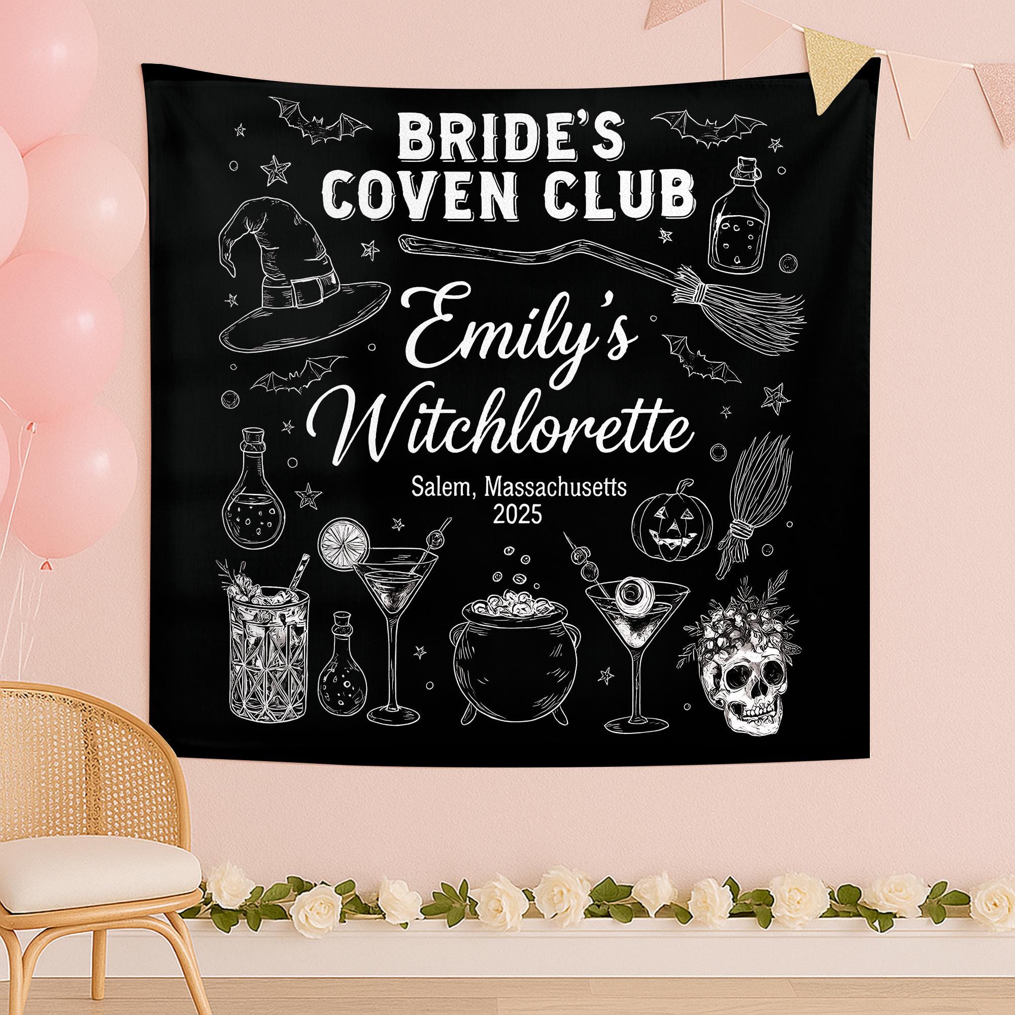 Custom Witchlorette Tapestry – Bride’s Coven Club Bachelorette Backdrop – Personalized Salem Witch Party Decoration 2025
