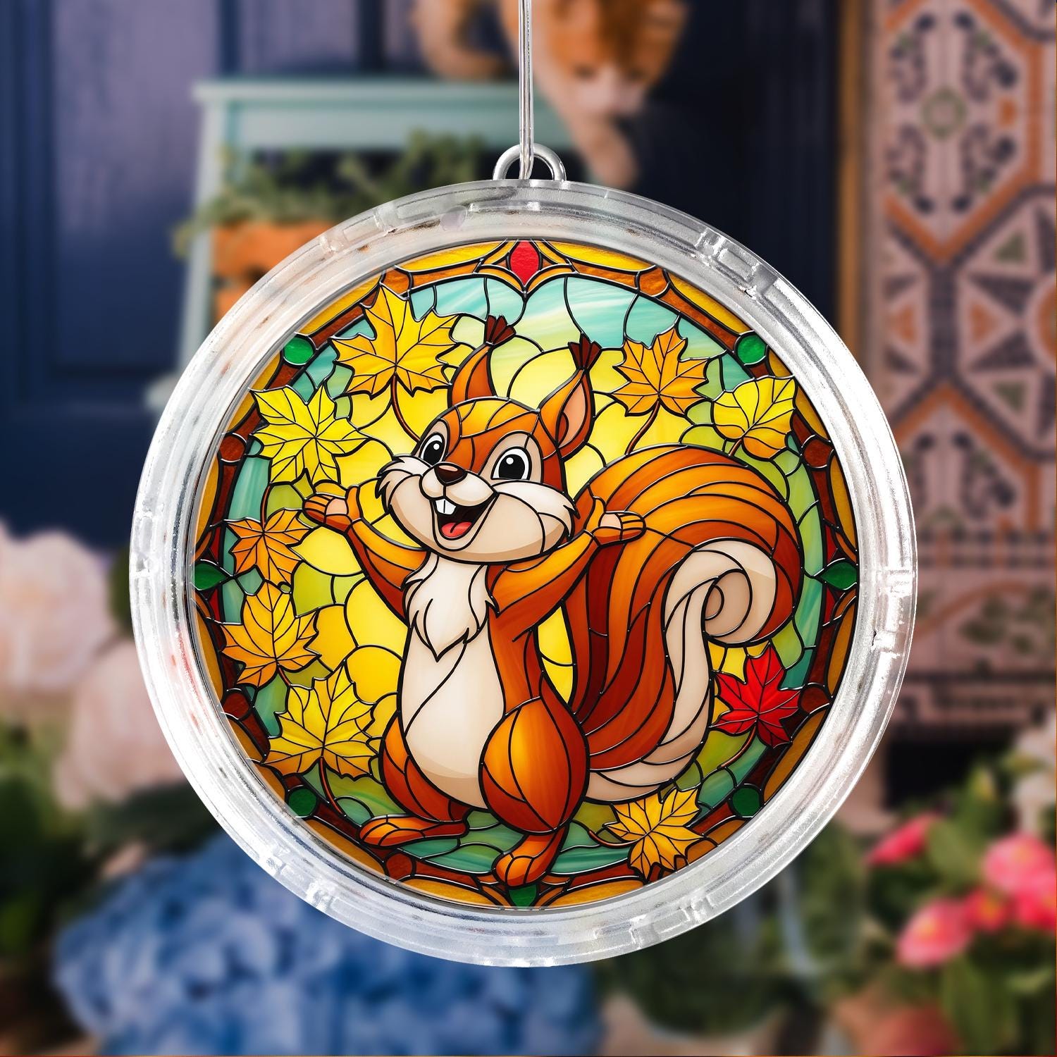 LED Squirrel Autumn Leaves Window Hanging, Lighted Fall Decoration for Home, Classroom, or Seasonal Gift, Pet Lovers Gift Idea, Fall Decor