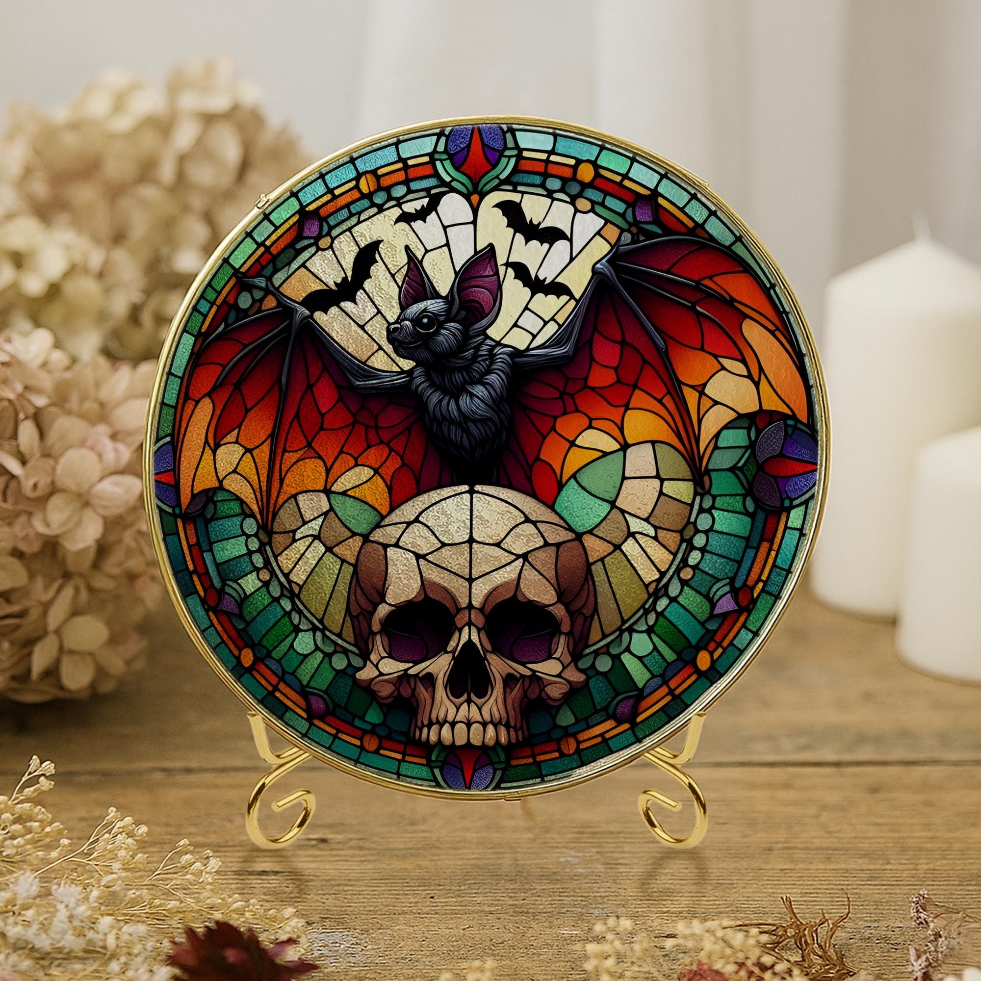 Gothic Bat and Skull Glass Suncatcher – Glass Halloween Window Hanging – Dark Bat Gothic Home Decor