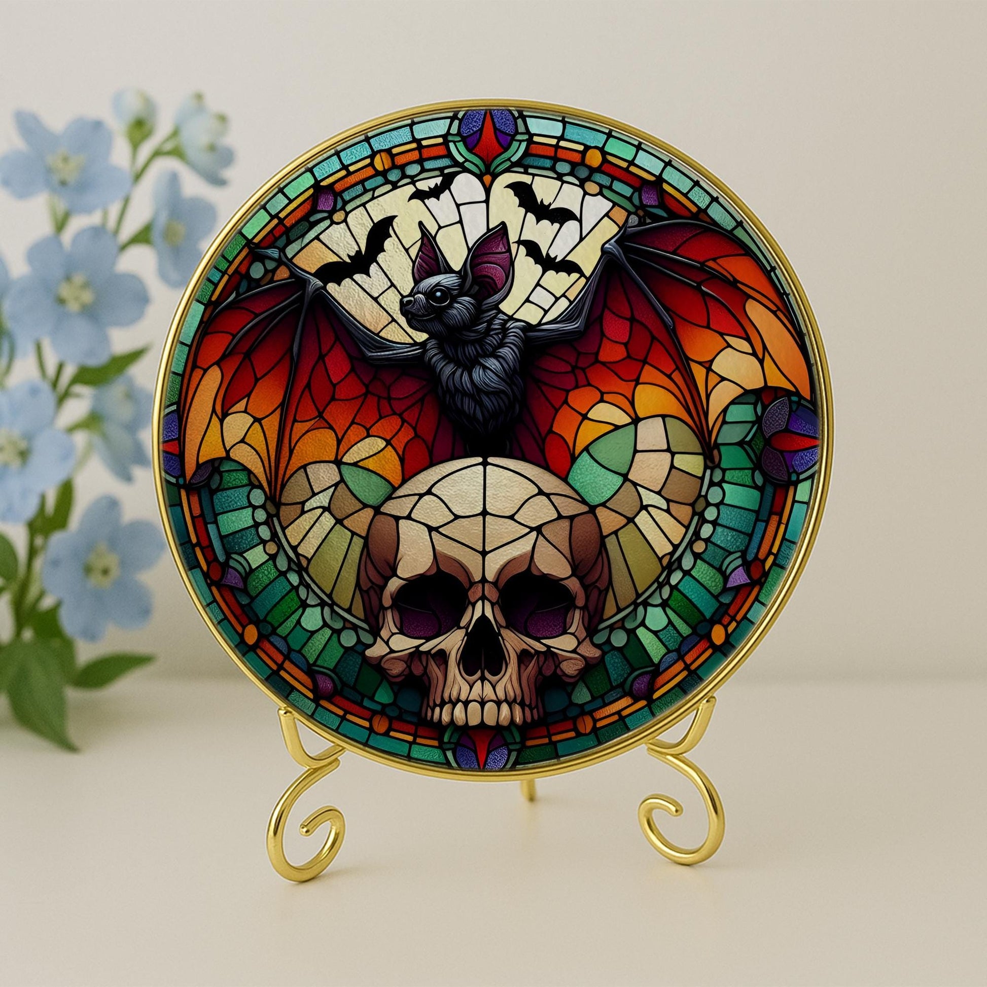 Gothic Bat and Skull Glass Suncatcher – Glass Halloween Window Hanging – Dark Bat Gothic Home Decor