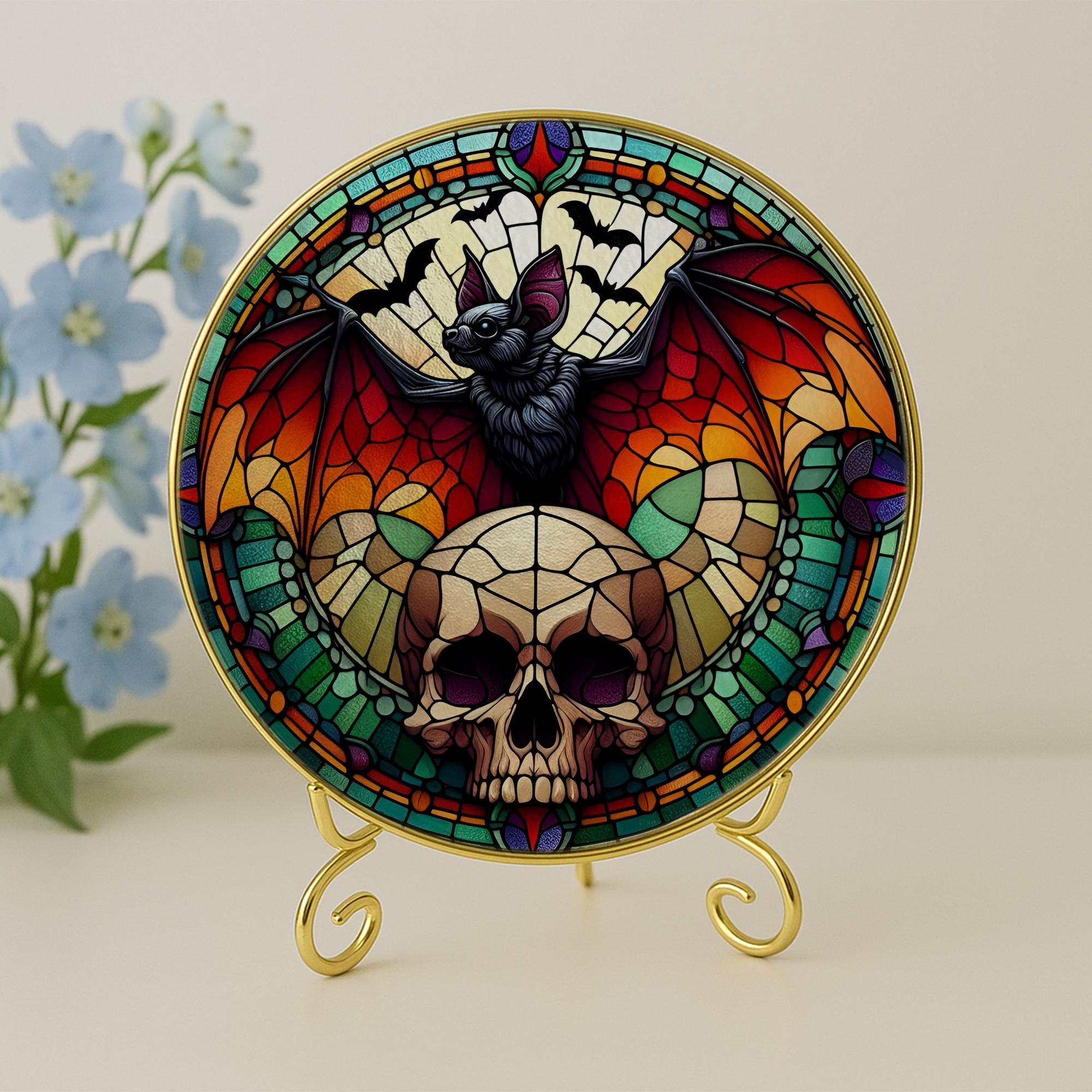 Gothic Bat and Skull Glass Suncatcher – Glass Halloween Window Hanging – Dark Bat Gothic Home Decor