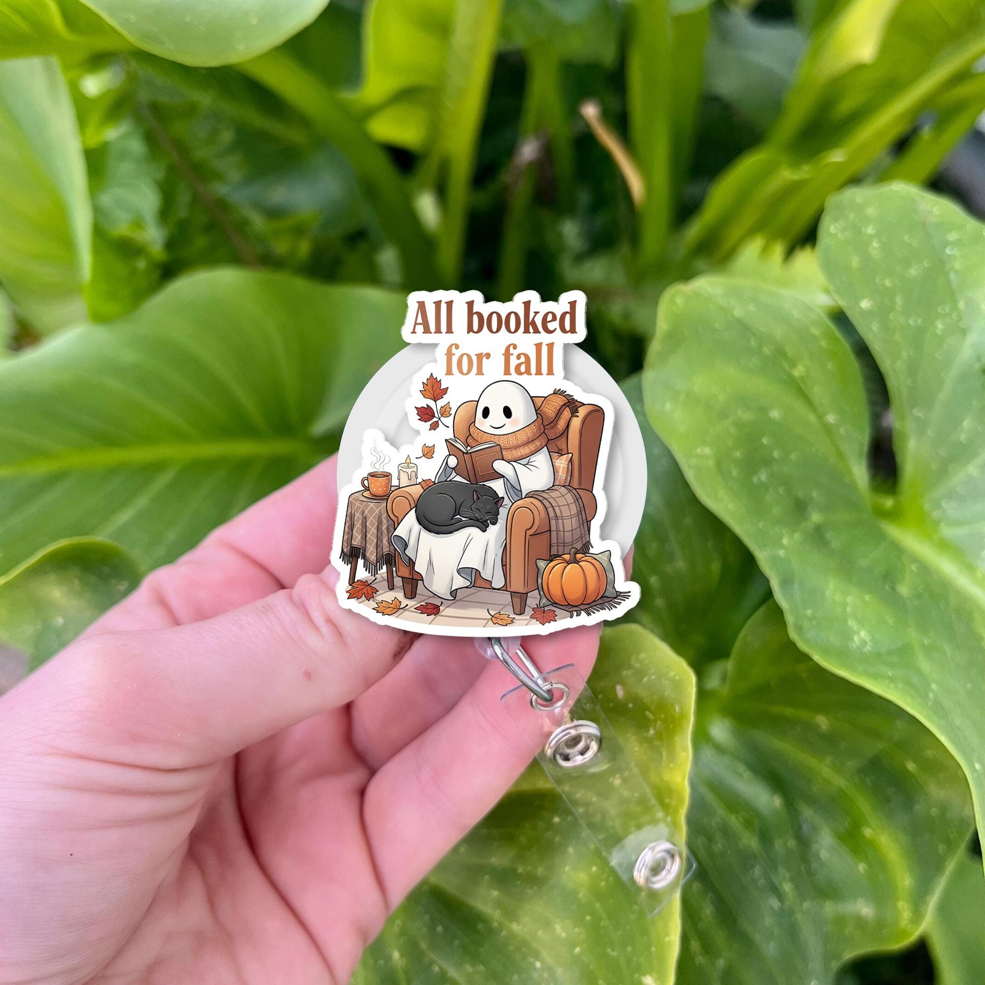 Cozy Ghost Fall Badge Reel - Autumn Reading ID Holder with Cat & Pumpkins - Retractable Clip for Teachers, Nurses, and Book Lovers