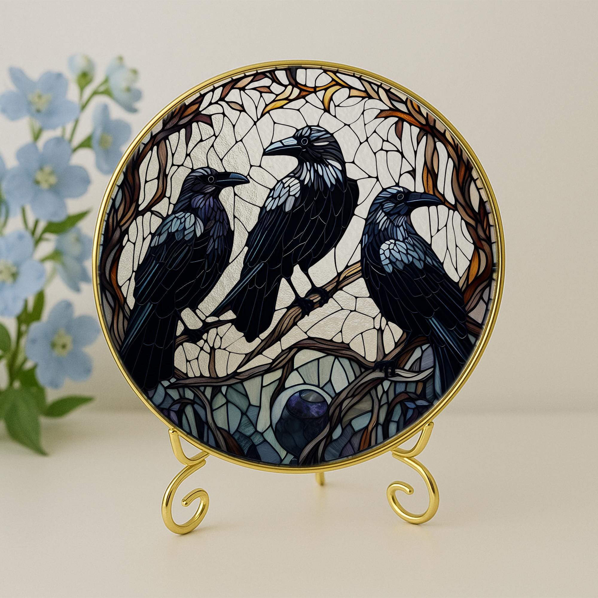 Gothic Raven Glass Suncatcher – Glass Crow Window Hanging – Dark Bird Gothic Home Decor – Mysterious Raven Art