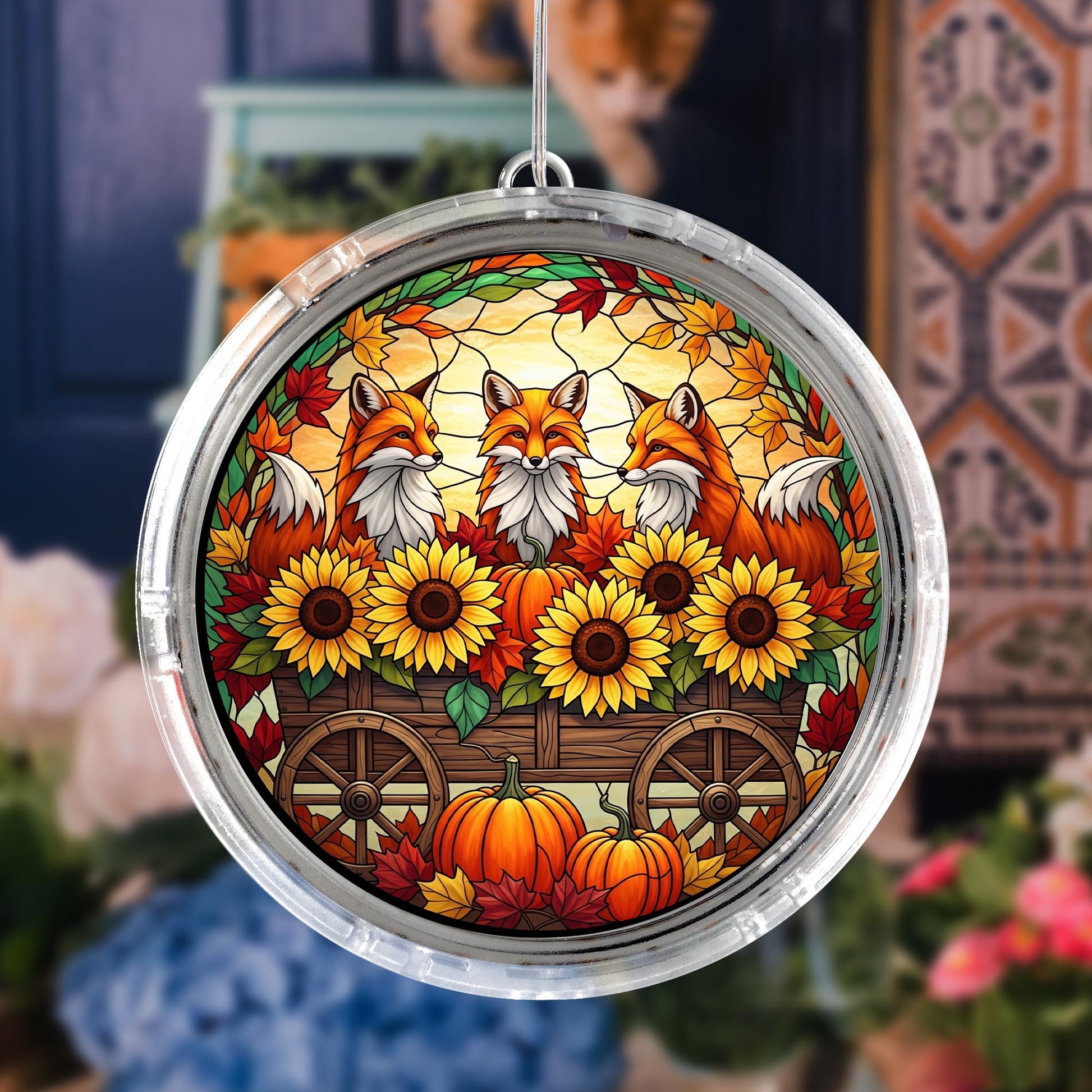 LED Fox Sunflower Pumpkin Hanging Sign – Autumn Lighted Family Gift – Fall Harvest Farmhouse LED Window or Wall Decor