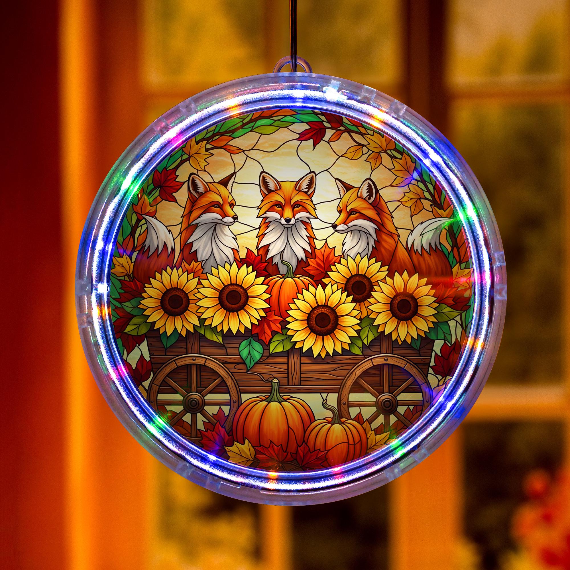 LED Fox Sunflower Pumpkin Hanging Sign – Autumn Lighted Family Gift – Fall Harvest Farmhouse LED Window or Wall Decor