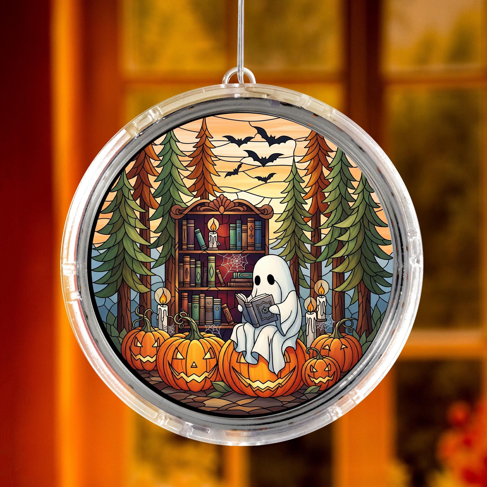LED Bookish Ghost Pumpkin Hanging Sign – Halloween Lighted Window Decor – Spooky Reading Lover Fall Home Decoration