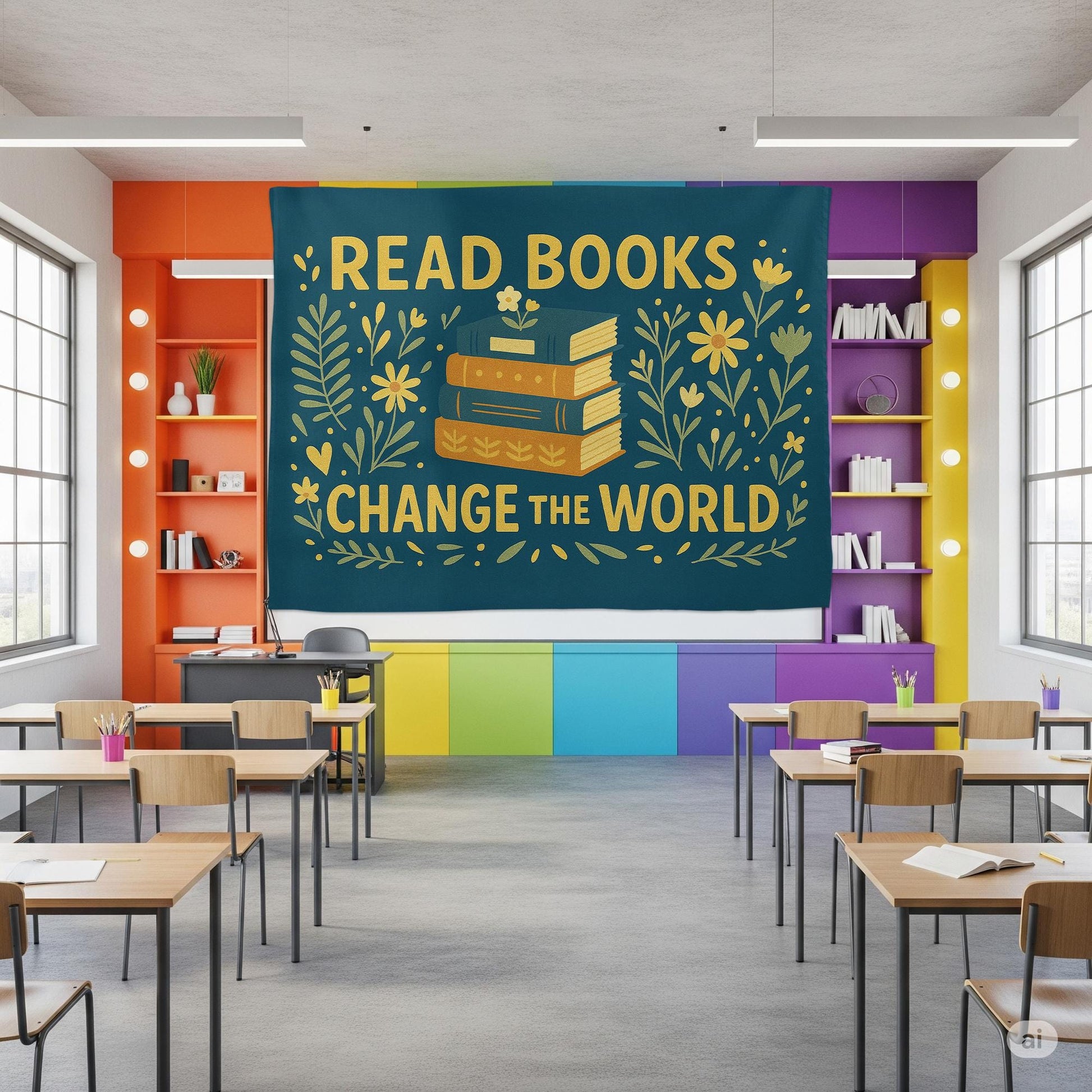 Read Books Change the World Tapestry | Inspirational Book Lover Wall Art | Library Classroom Decor | Cozy Literary Reading Banner